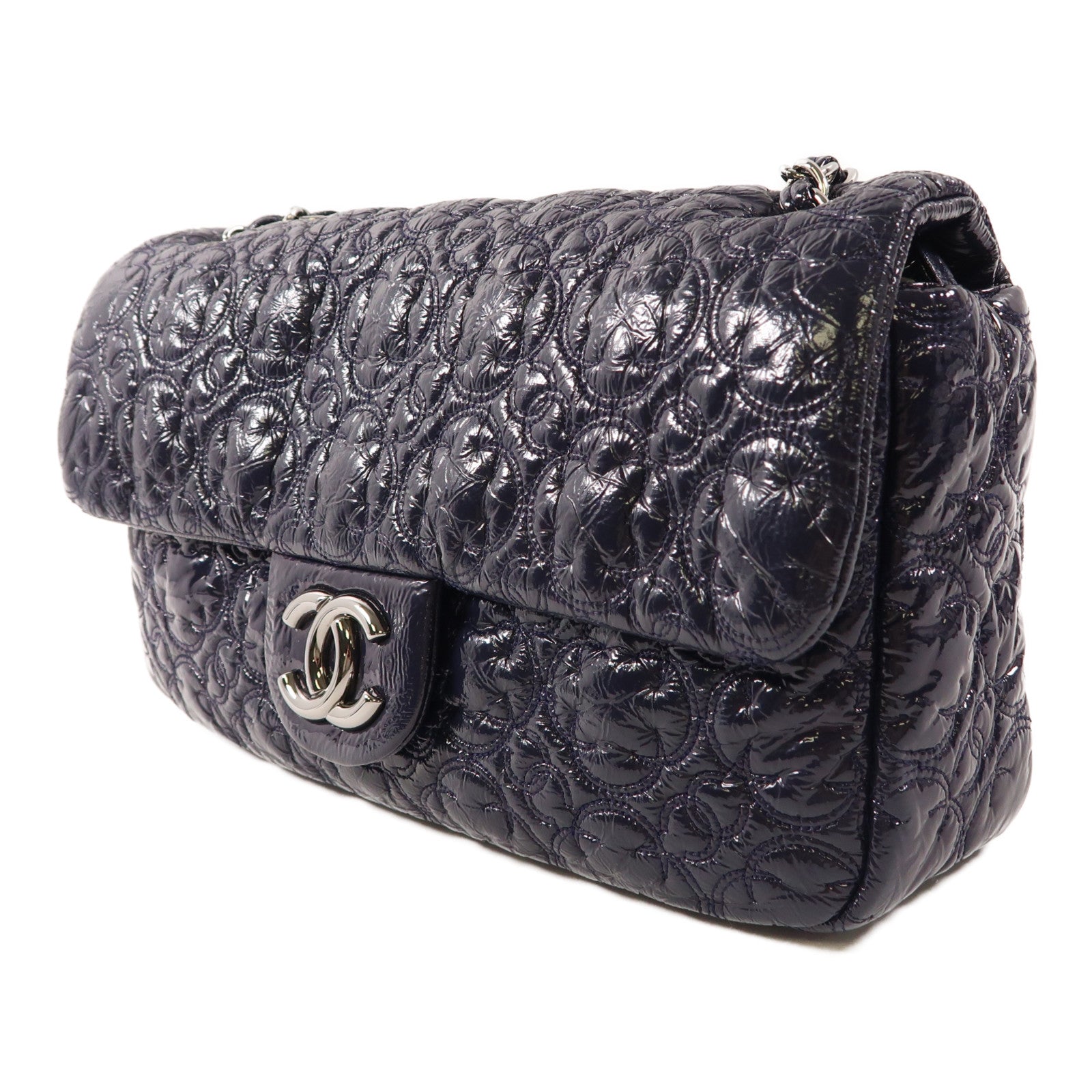 CHANEL 漆皮皮革Chain Shoulder Bag銀扣鏈帶肩背袋深紫色
