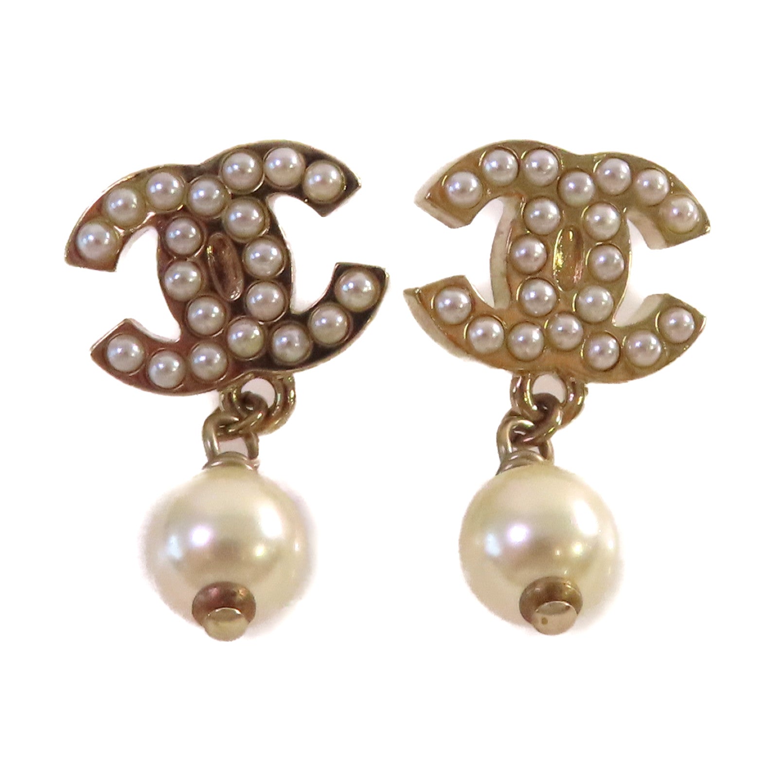CHANEL 金屬/仿珍珠CC Earrings耳環珍珠色/金色