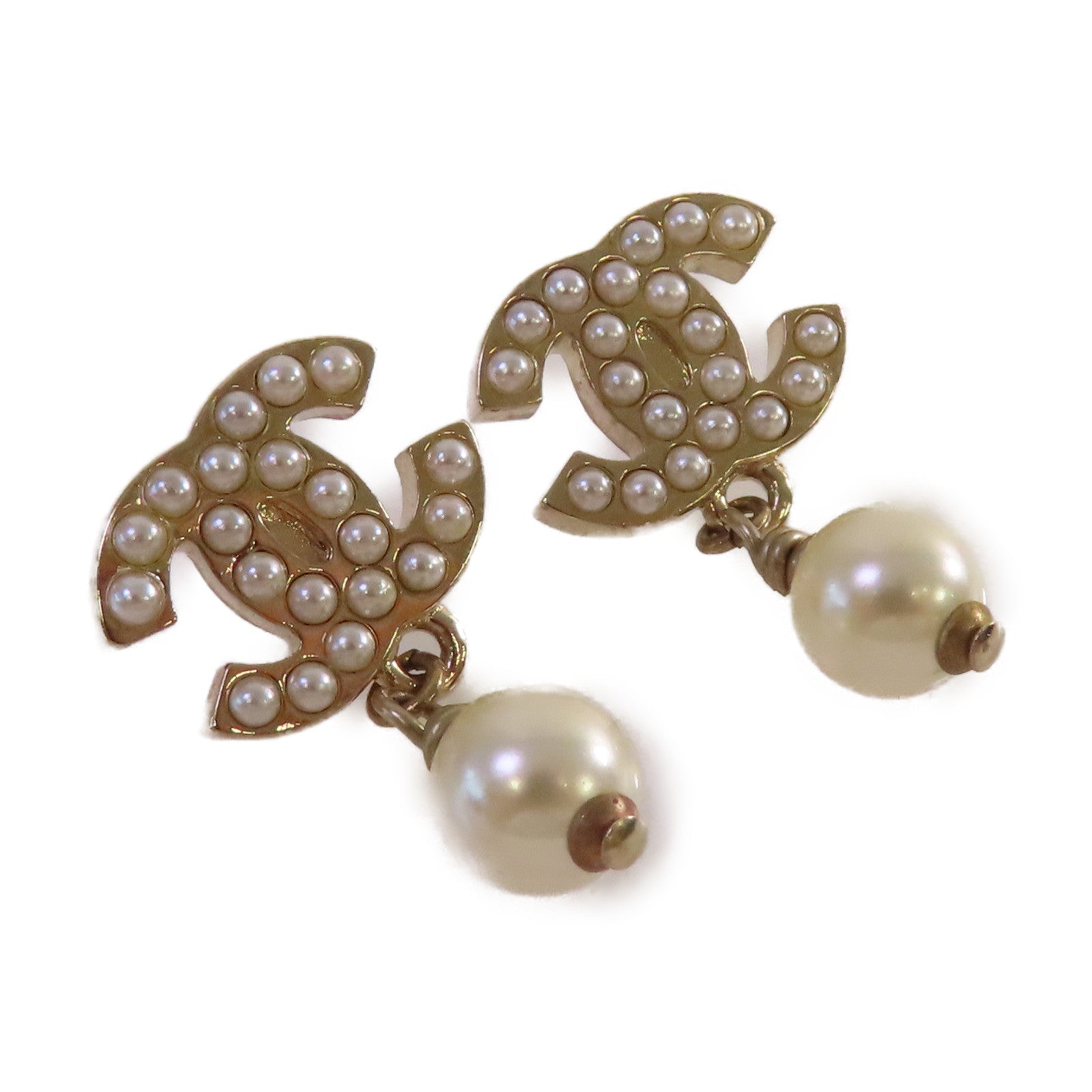 CHANEL 金屬/仿珍珠CC Earrings耳環珍珠色/金色
