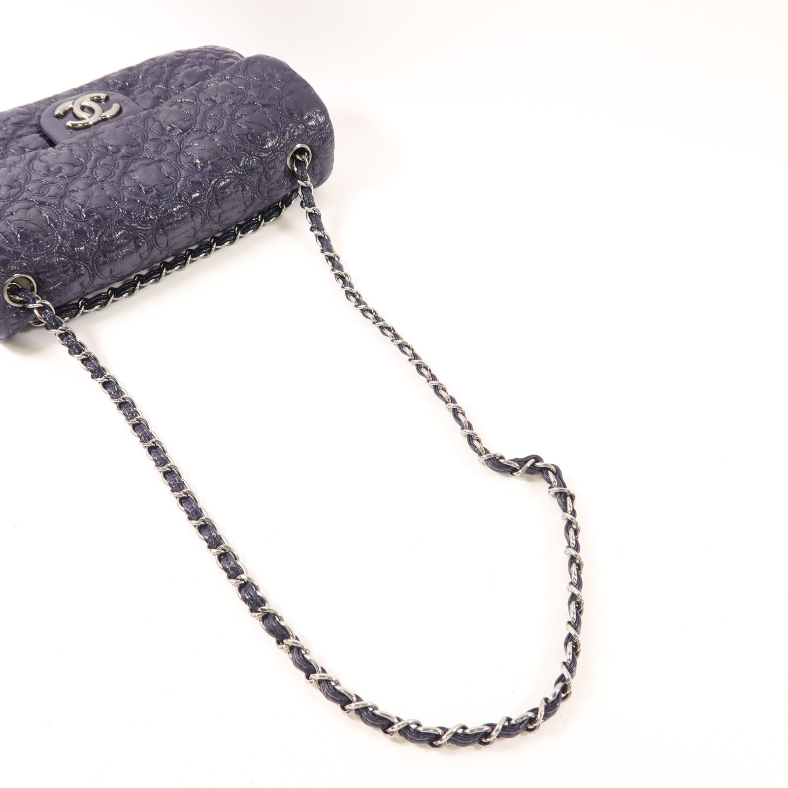 CHANEL 漆皮皮革Chain Shoulder Bag銀扣鏈帶肩背袋深紫色