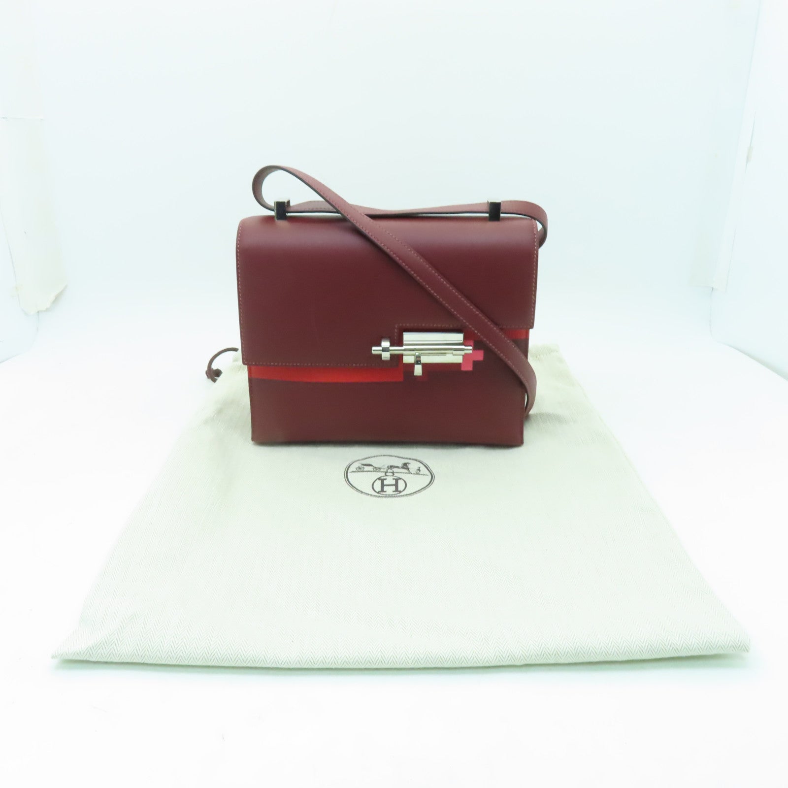 HERMES 【激減優惠】Box Calf皮革Verrou 23銀扣肩背袋Rouge H酒紅色