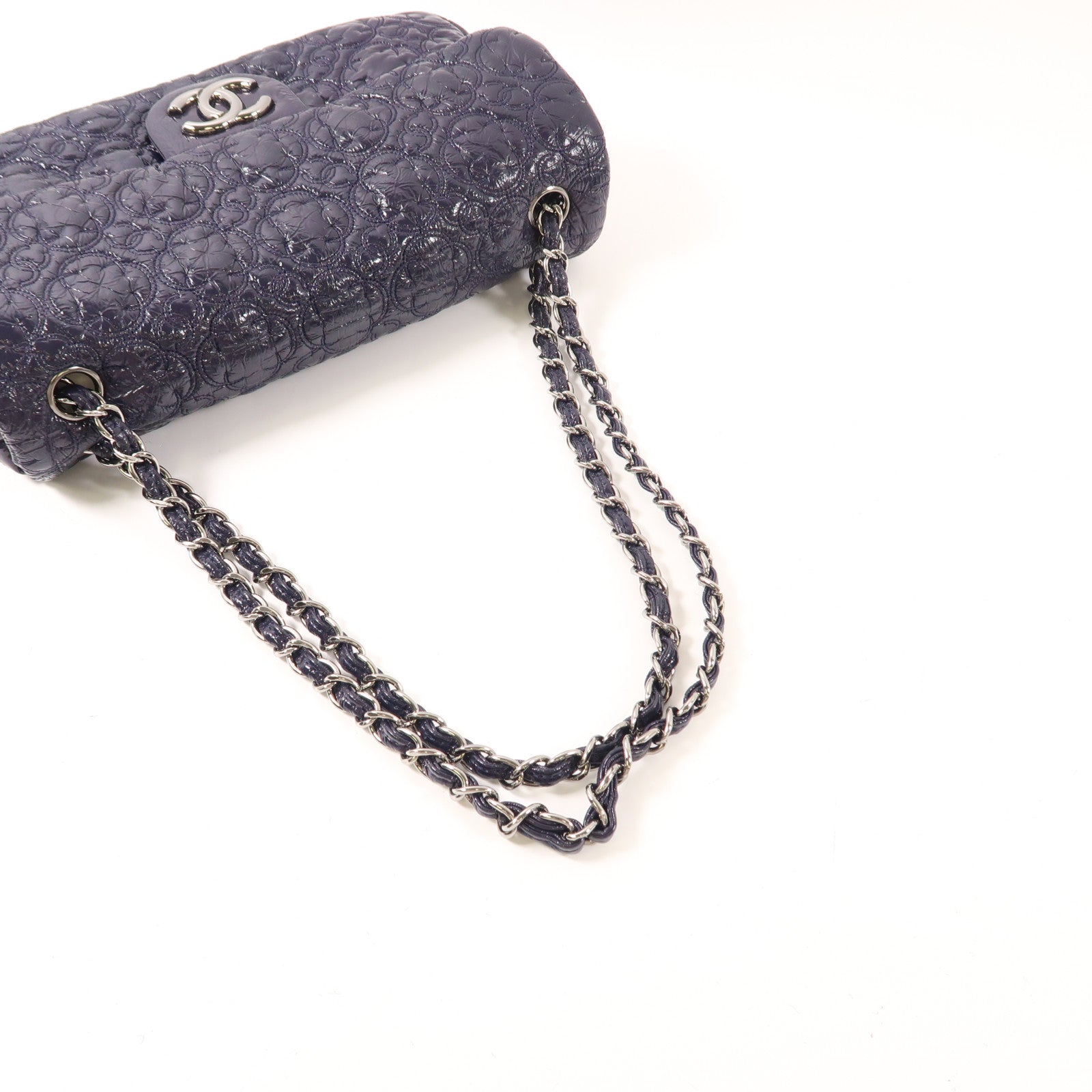 CHANEL 漆皮皮革Chain Shoulder Bag銀扣鏈帶肩背袋深紫色