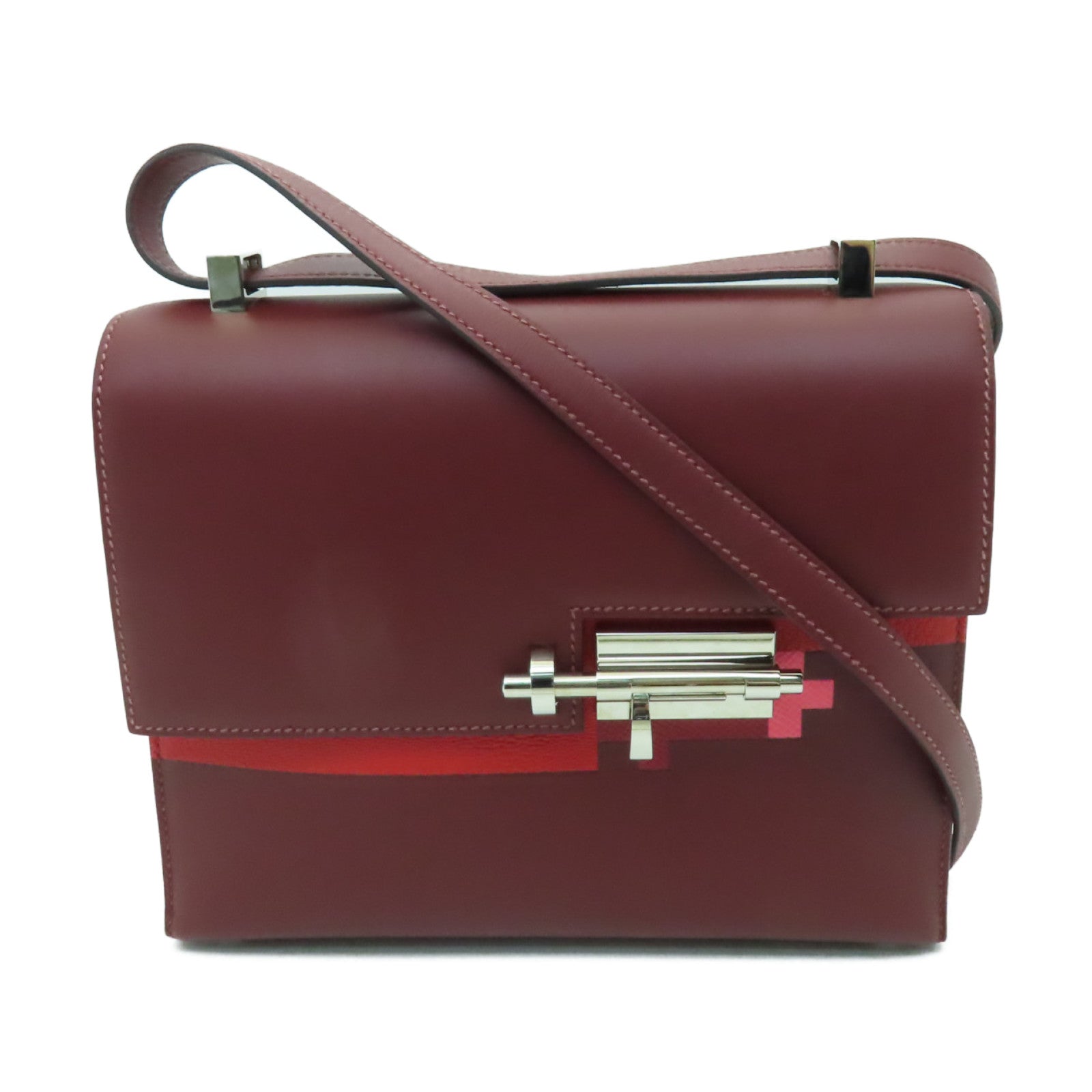 HERMES 【激減優惠】Box Calf皮革Verrou 23銀扣肩背袋Rouge H酒紅色