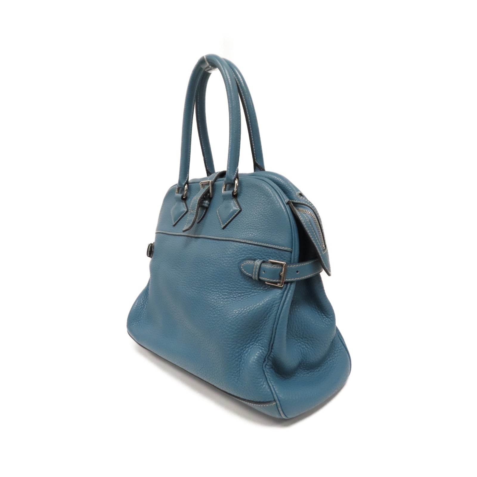 HERMES 【激減優惠】Clemence皮革Atlas 35銀扣手挽袋Blue Jeans牛仔藍色
