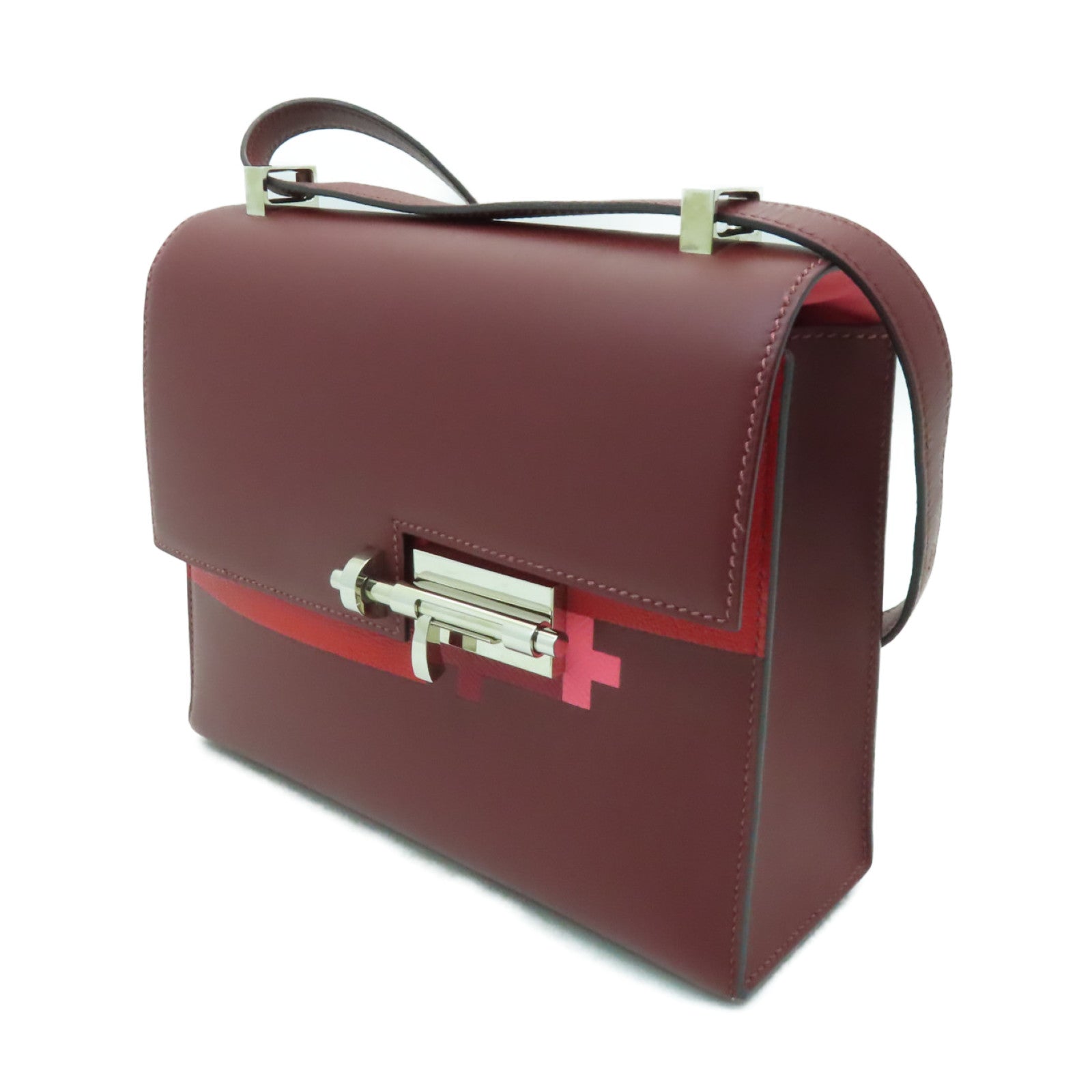 HERMES 【激減優惠】Box Calf皮革Verrou 23銀扣肩背袋Rouge H酒紅色