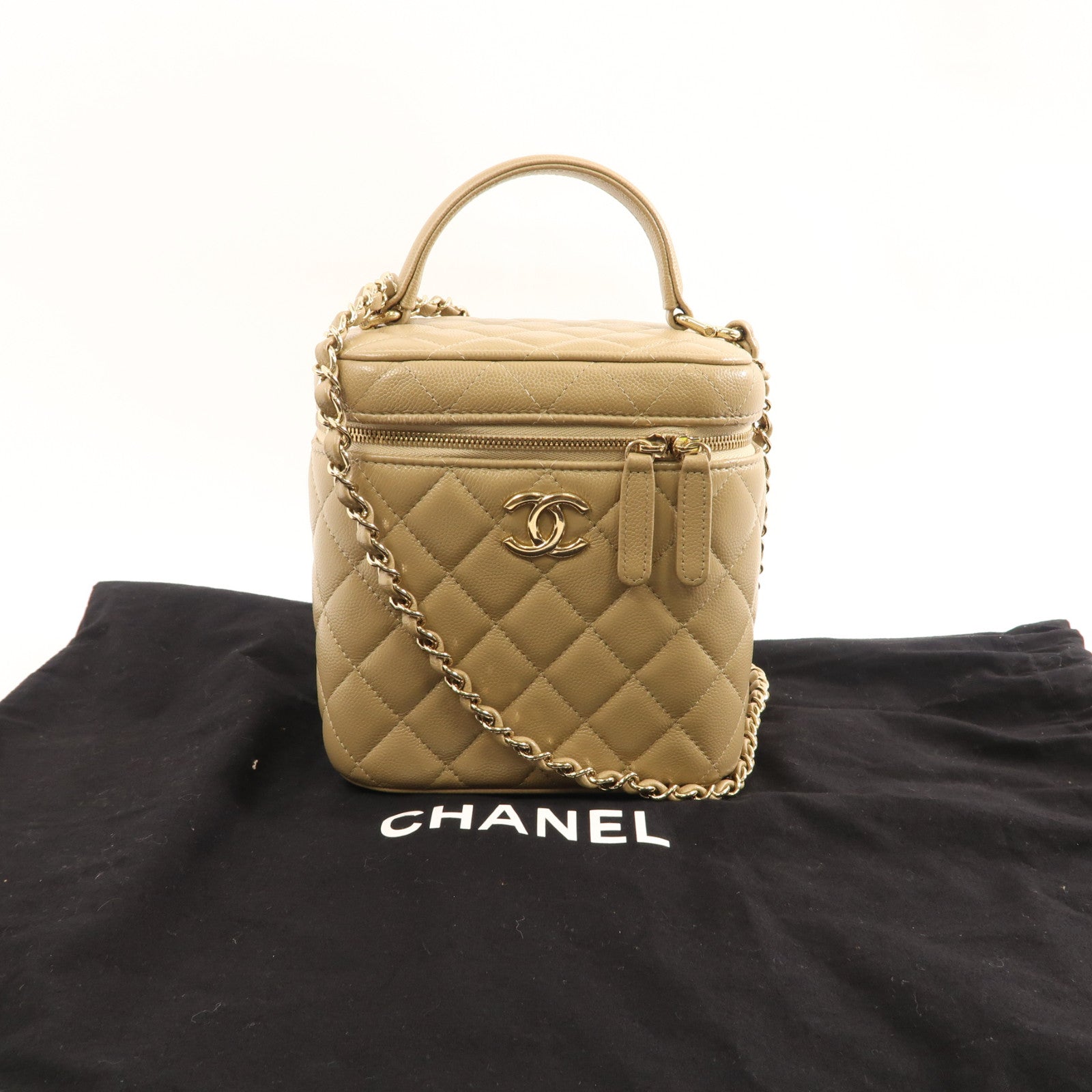 CHANEL 菱格牛皮皮革Vanity Case金扣手挽肩背兩用袋米色