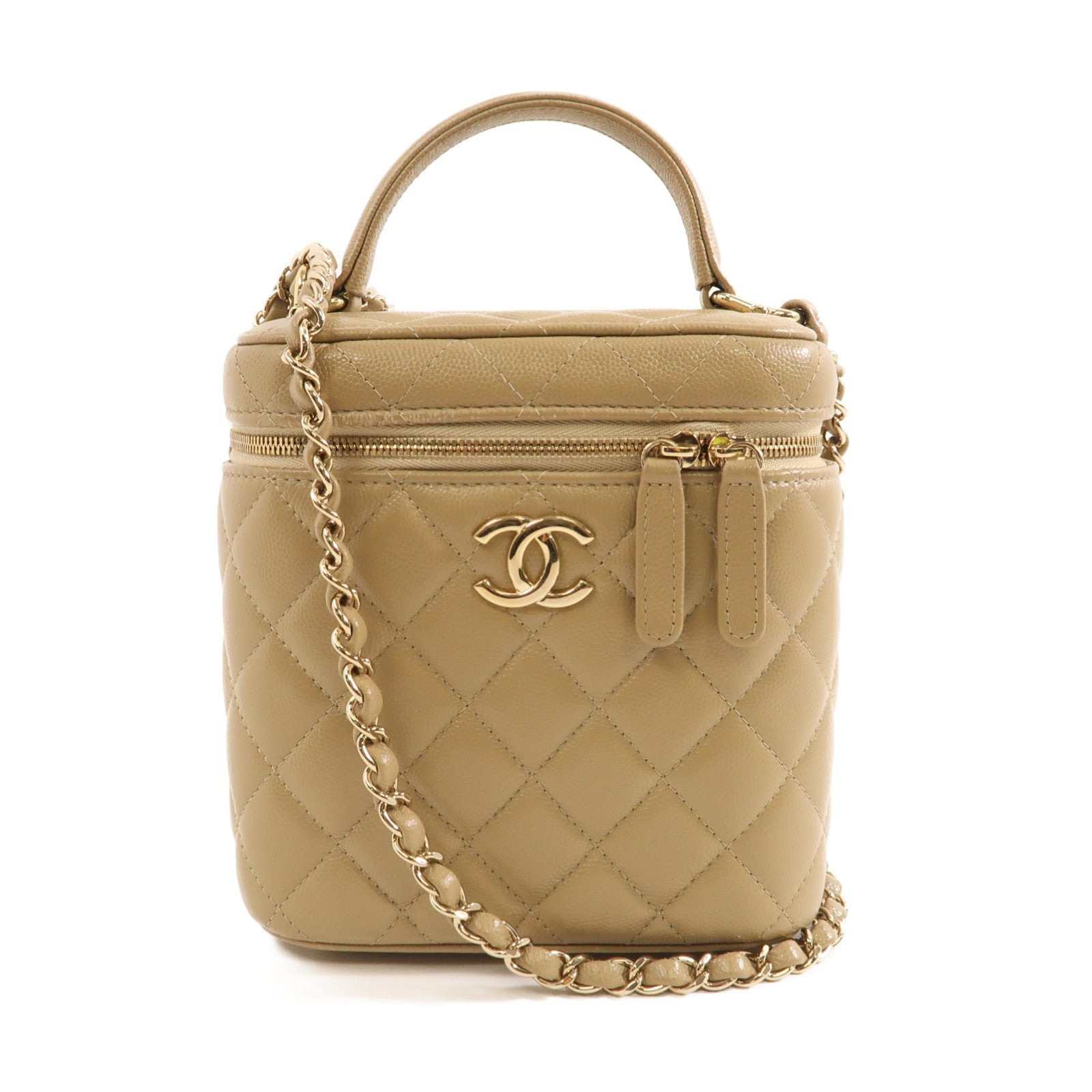 CHANEL 菱格牛皮皮革Vanity Case金扣手挽肩背兩用袋米色