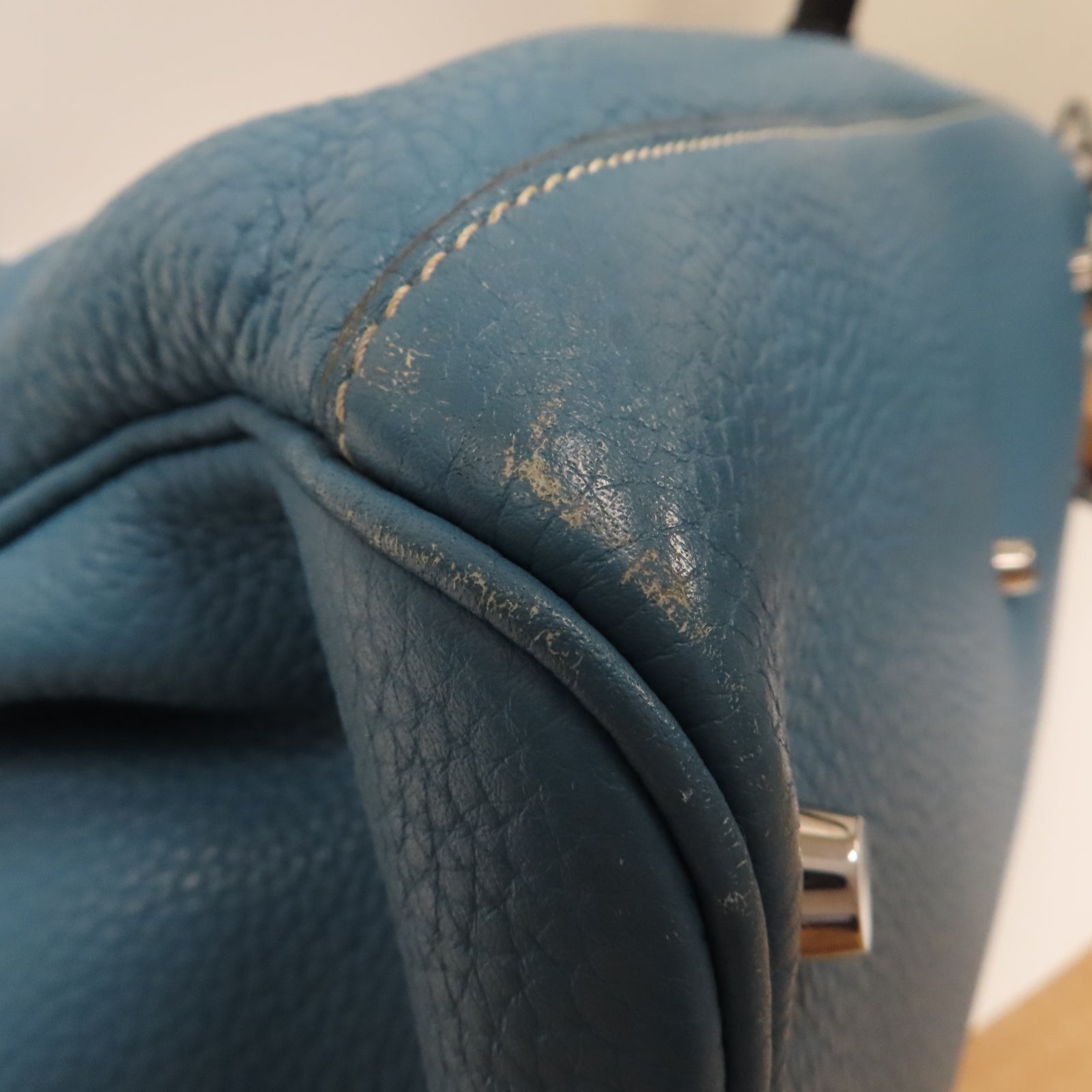 HERMES 【激減優惠】Clemence皮革Atlas 35銀扣手挽袋Blue Jeans牛仔藍色
