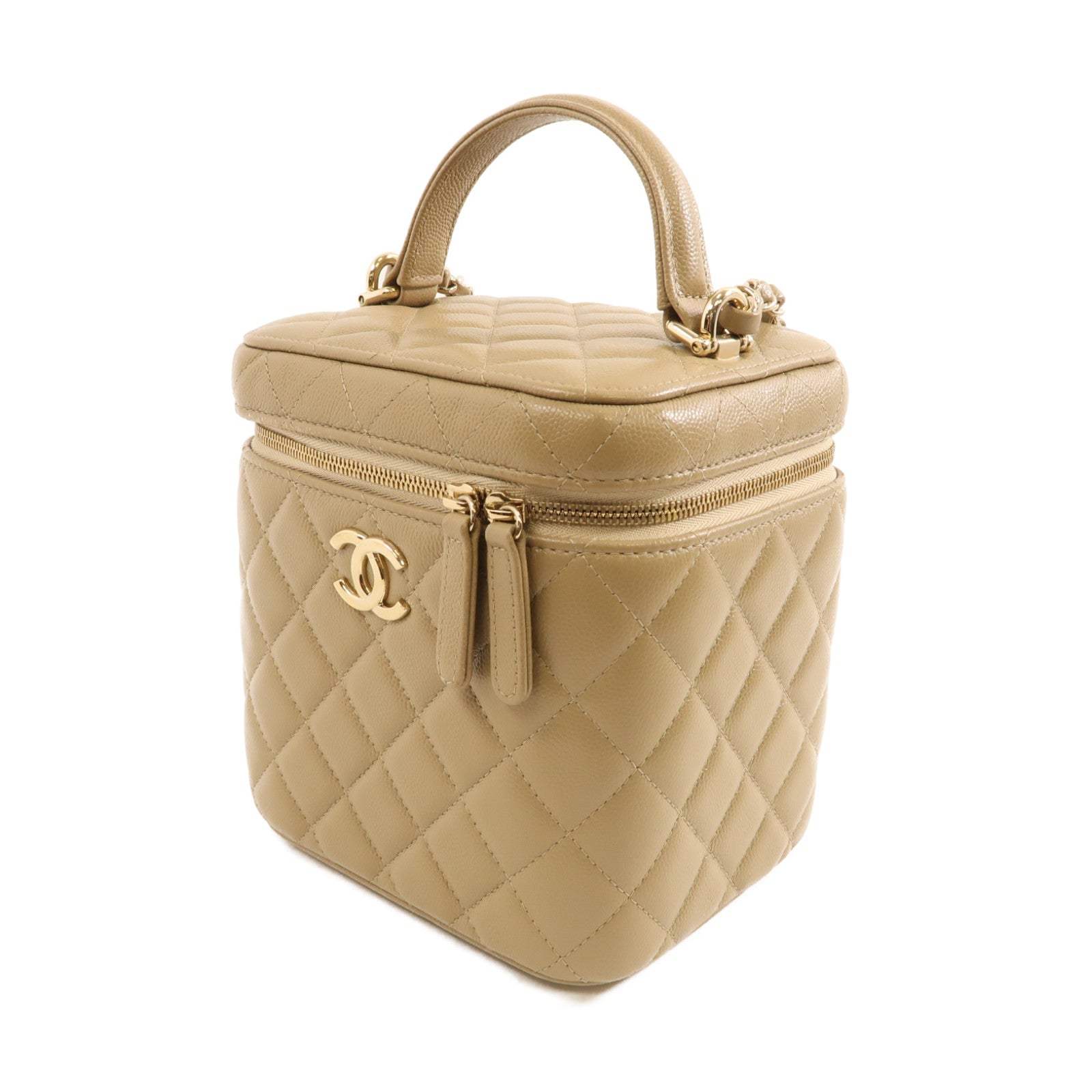 CHANEL 菱格牛皮皮革Vanity Case金扣手挽肩背兩用袋米色
