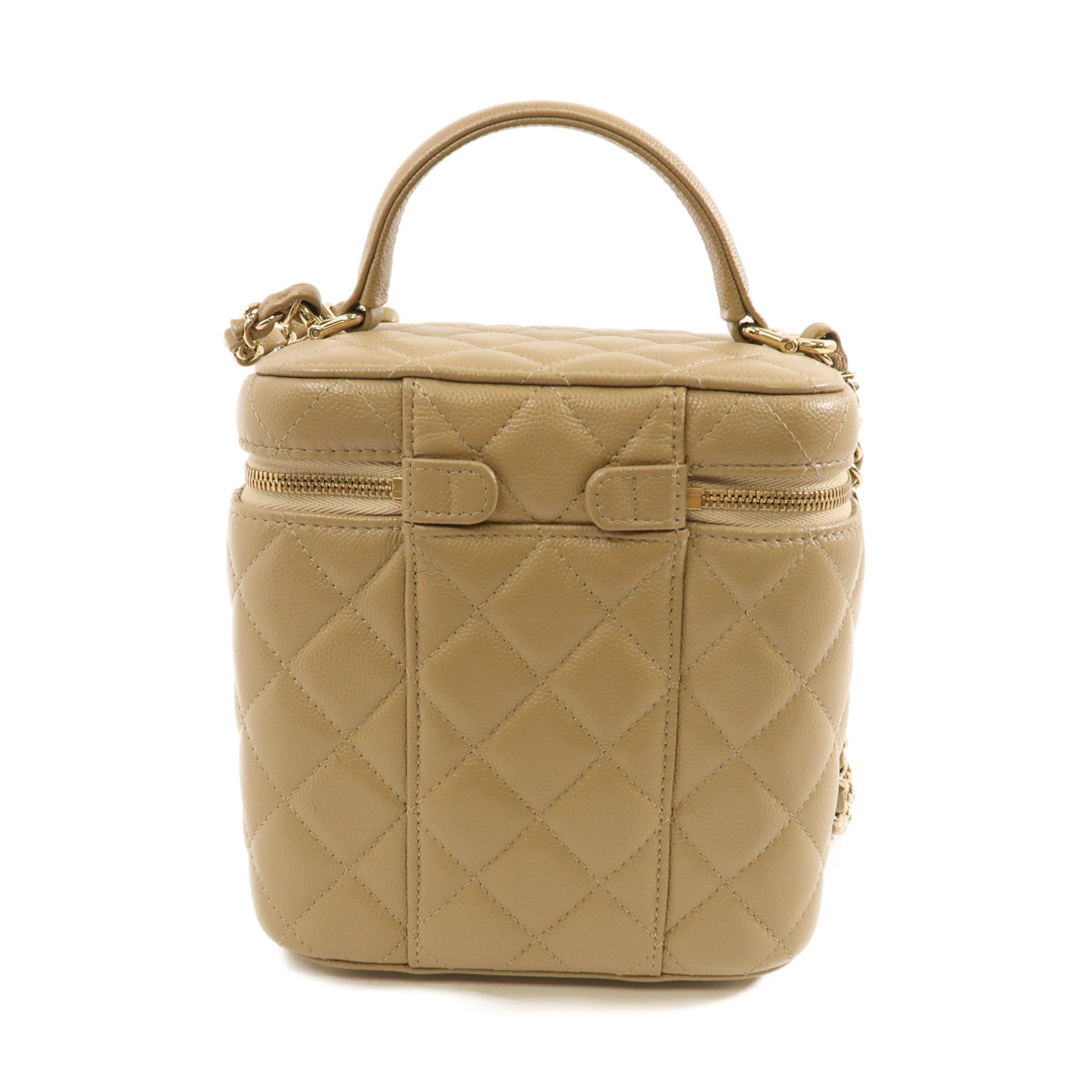 CHANEL 菱格牛皮皮革Vanity Case金扣手挽肩背兩用袋米色