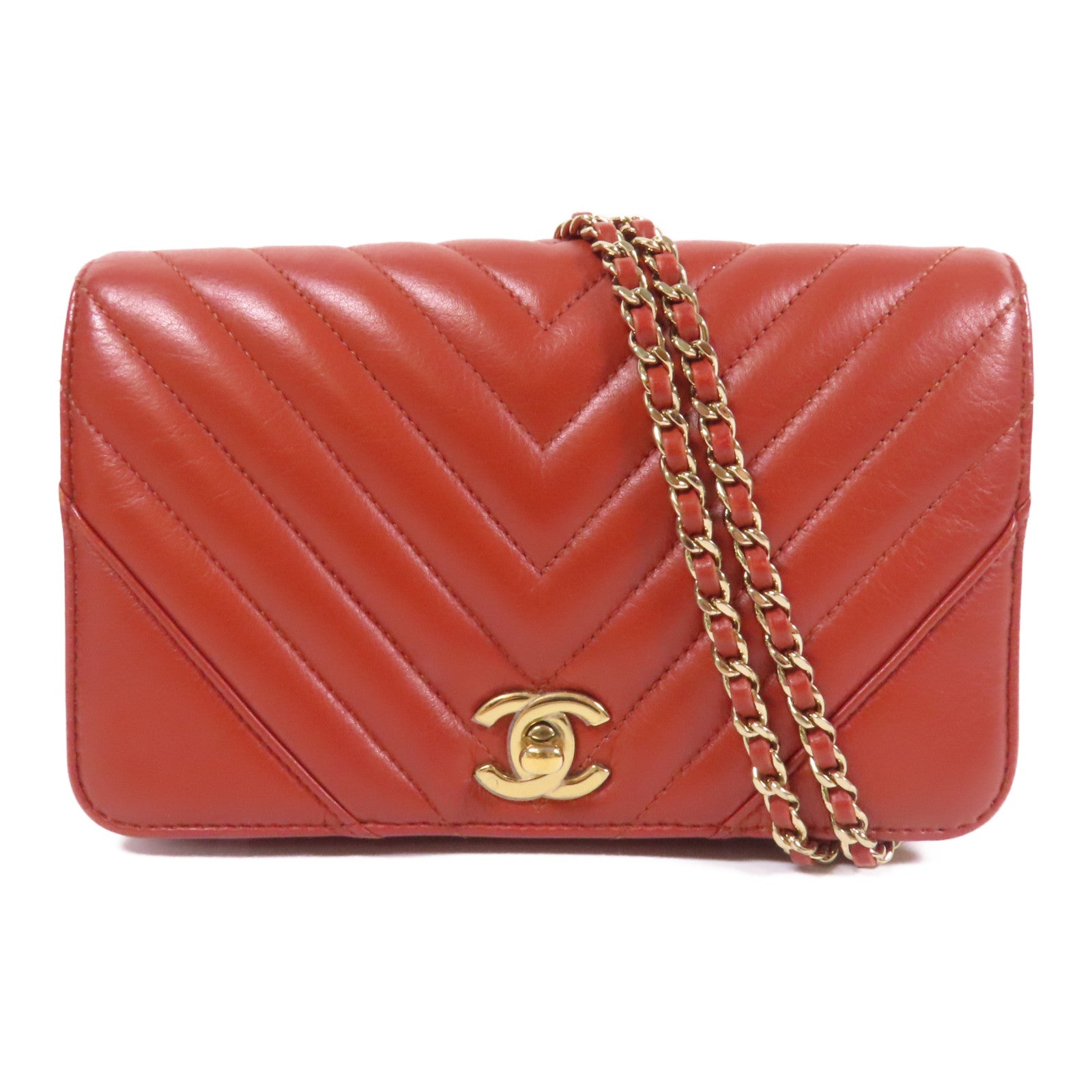 CHANEL 【激減優惠】斜紋牛皮皮革Chain Shoulder金扣鏈帶肩背袋紅色