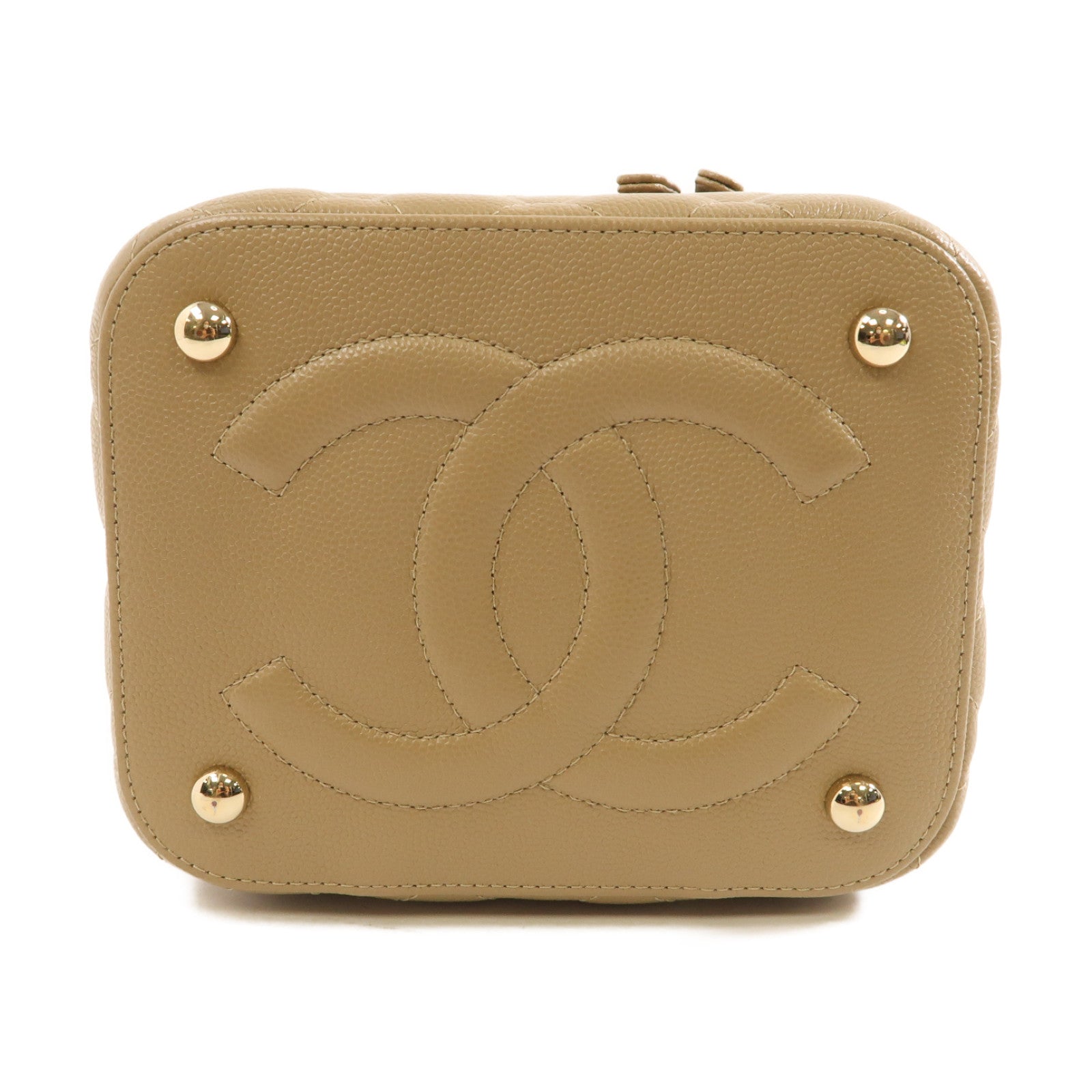 CHANEL 菱格牛皮皮革Vanity Case金扣手挽肩背兩用袋米色