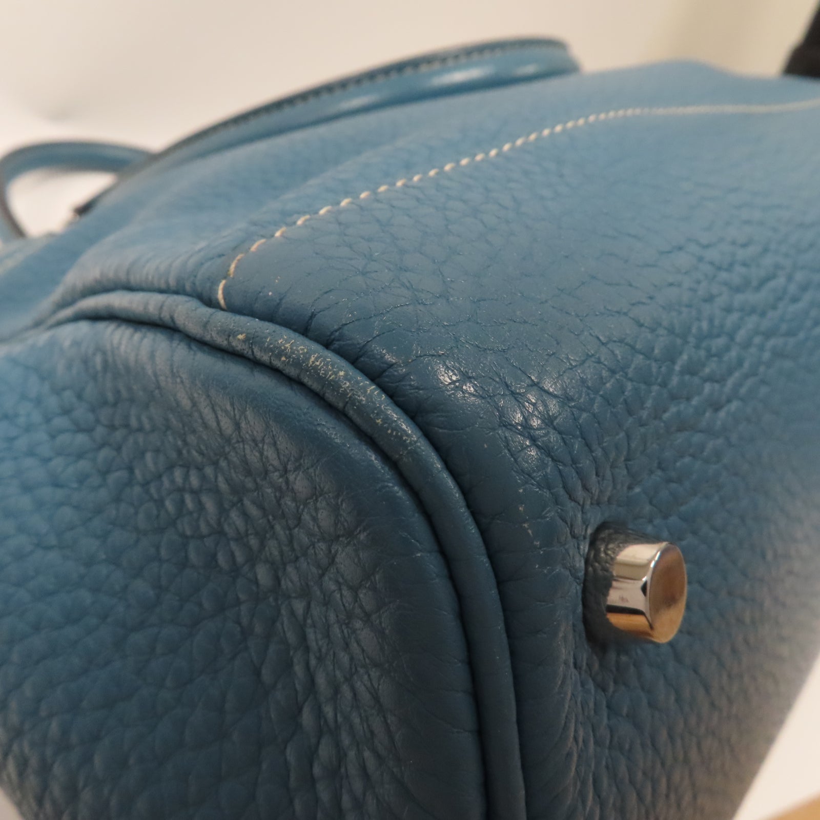 HERMES 【激減優惠】Clemence皮革Atlas 35銀扣手挽袋Blue Jeans牛仔藍色