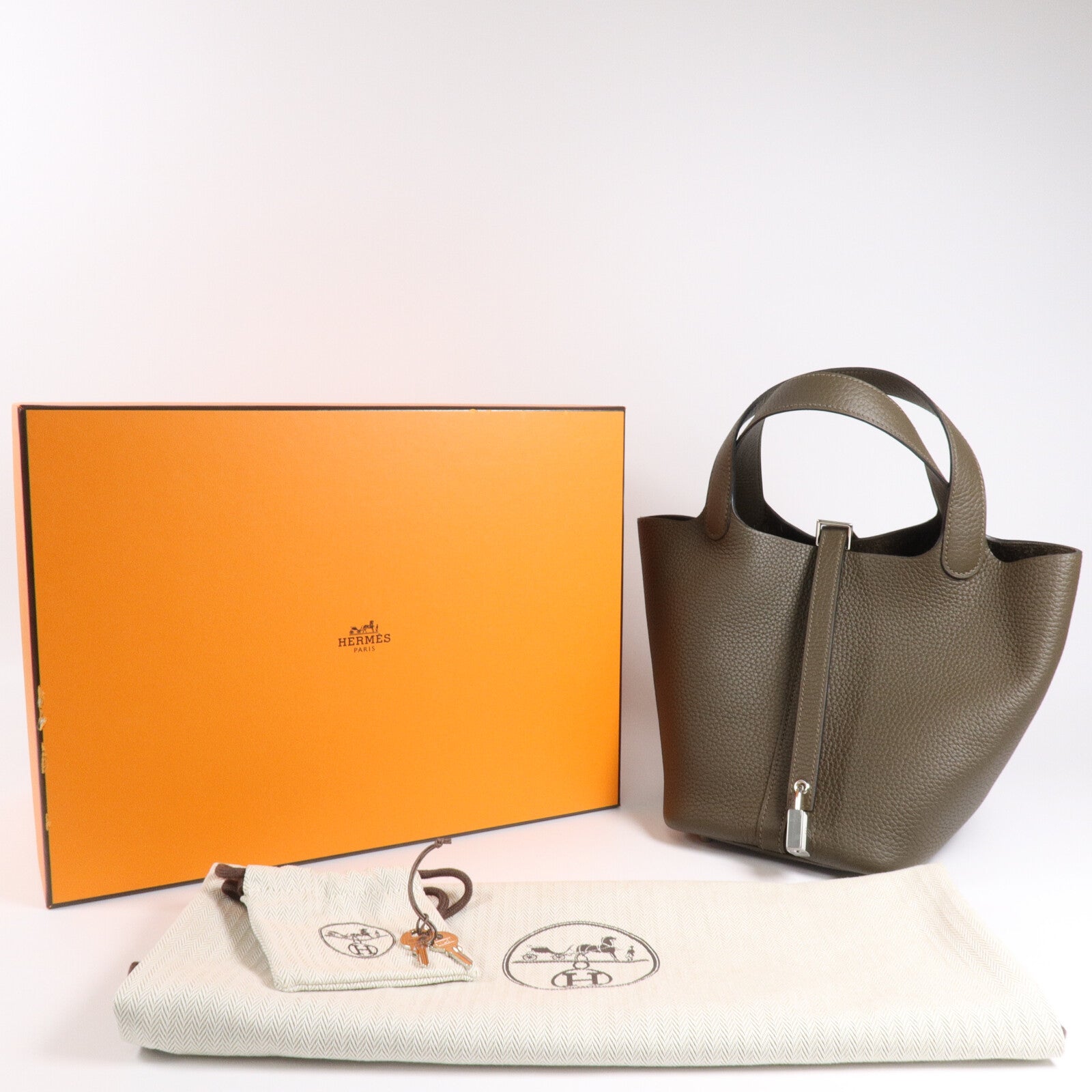 HERMES Clemence皮革Picotin PM手挽袋Vert Loden