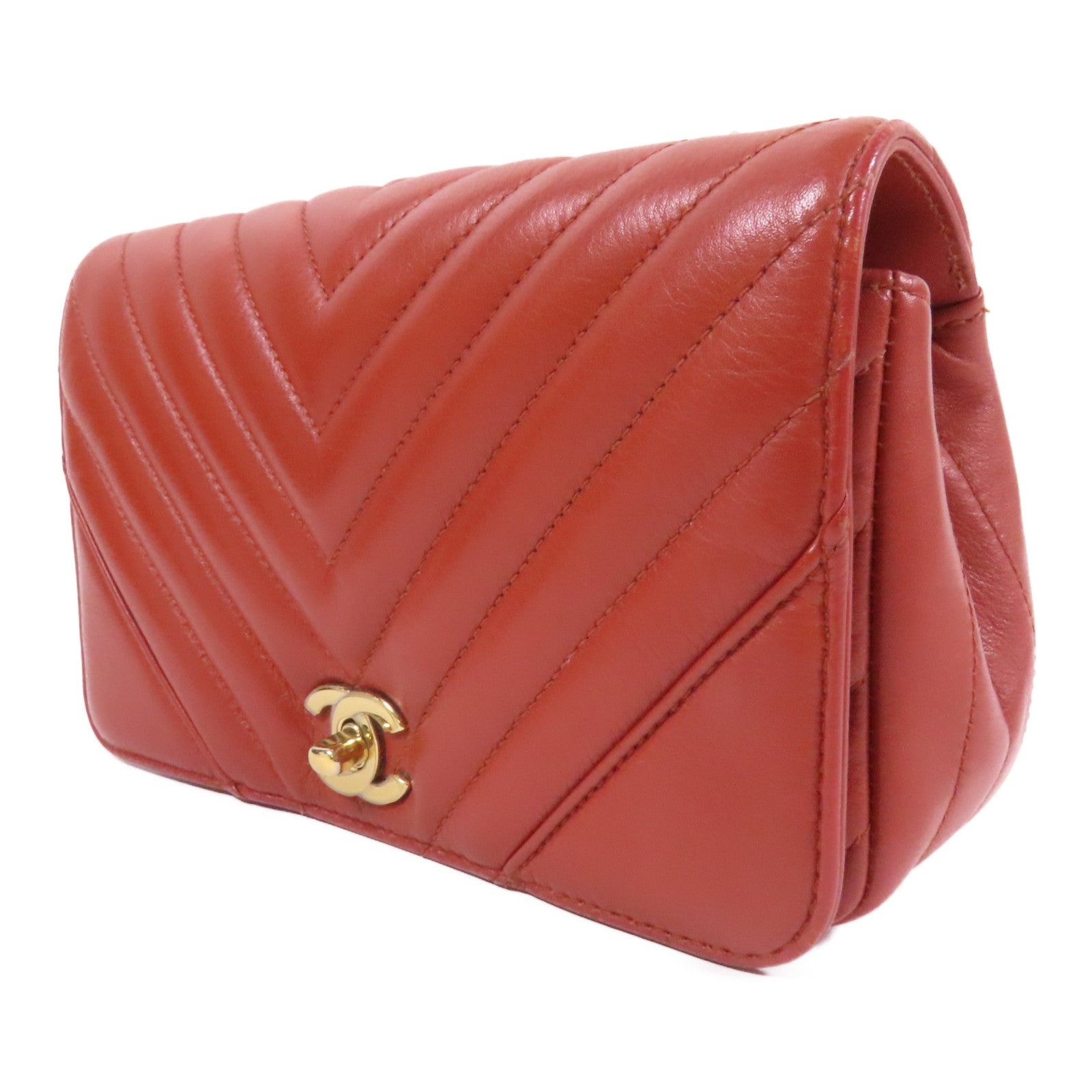 CHANEL 【激減優惠】斜紋牛皮皮革Chain Shoulder金扣鏈帶肩背袋紅色
