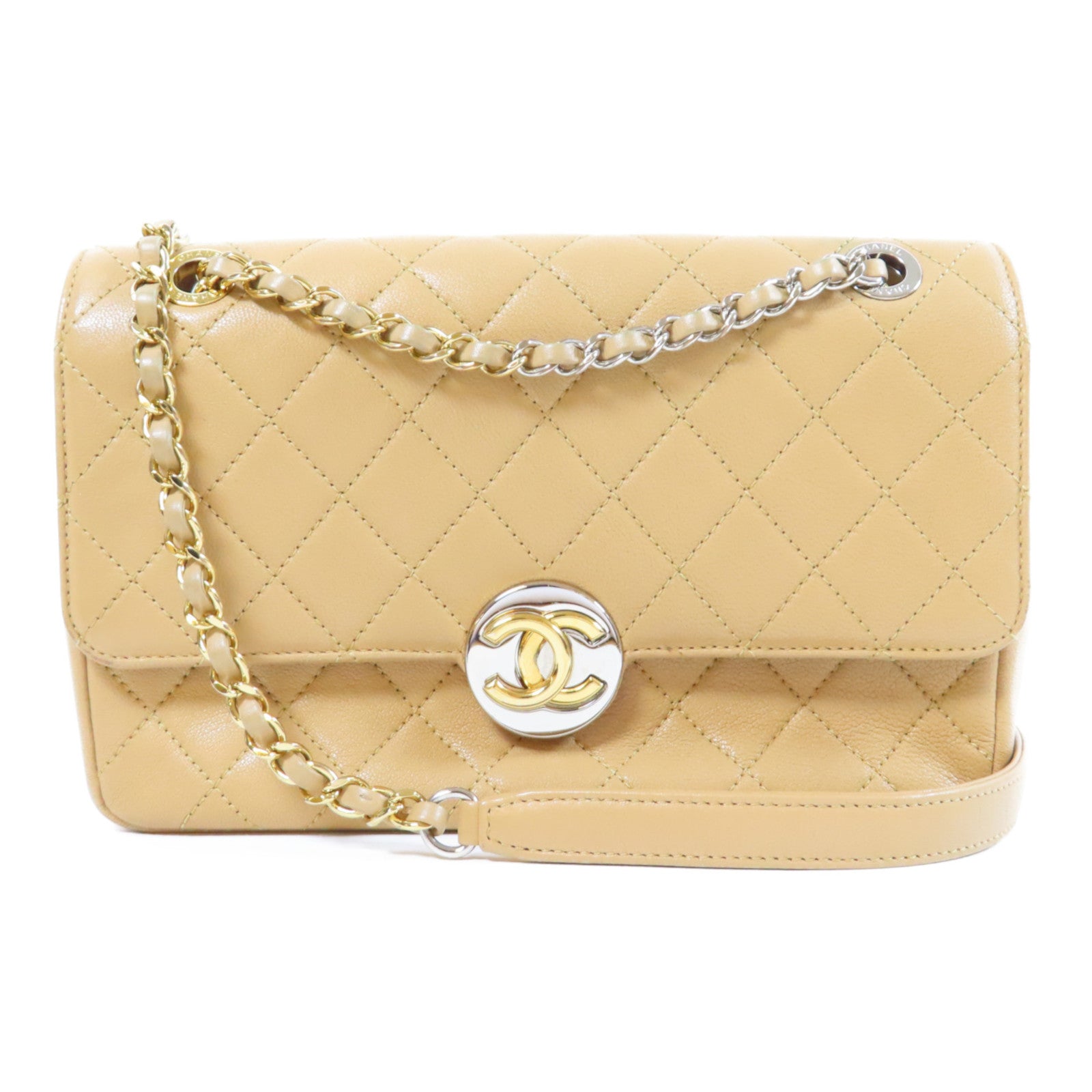 CHANEL **【激減優惠】菱格牛皮皮革Chain Shoulder Bag金扣鏈帶肩背袋米色