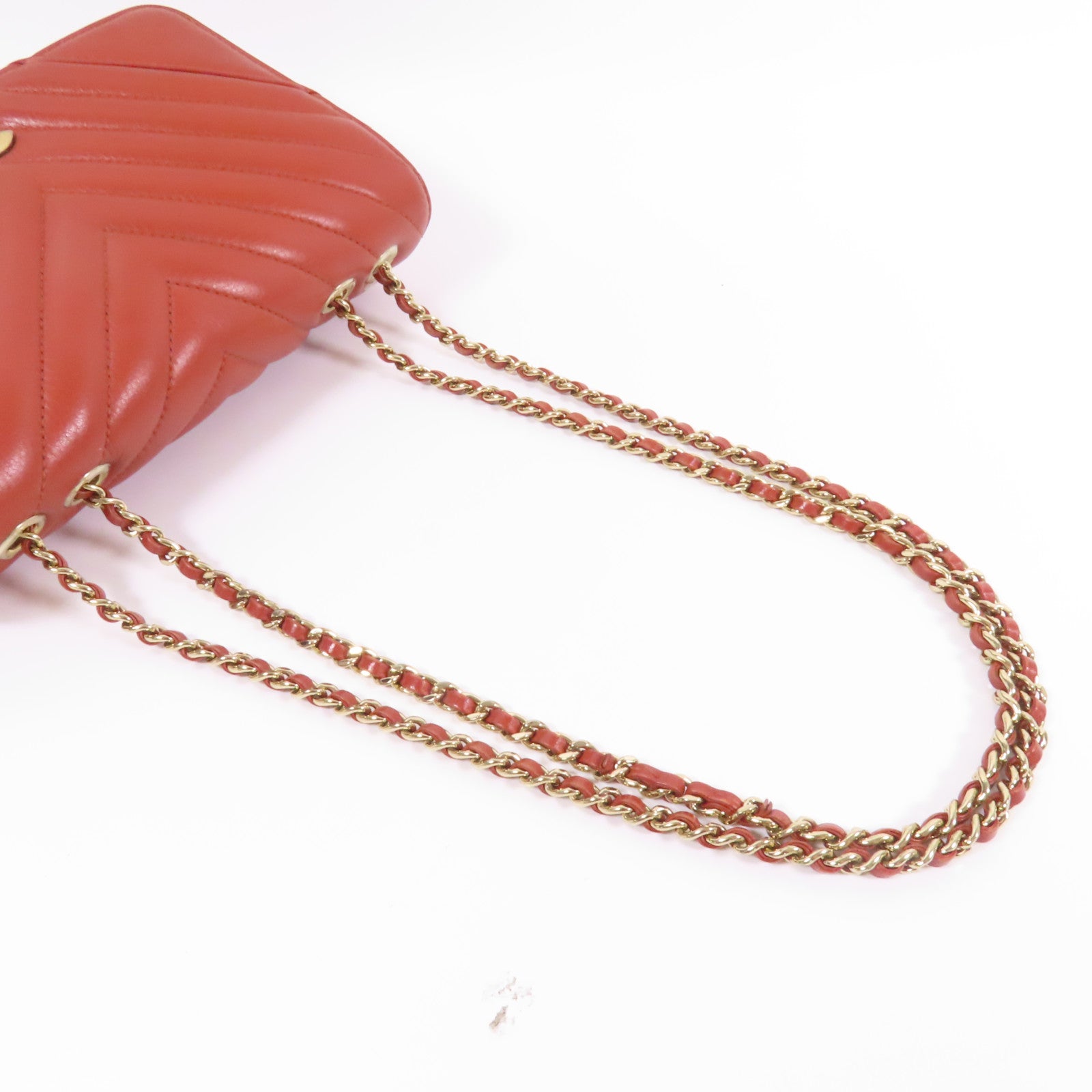 CHANEL 【激減優惠】斜紋牛皮皮革Chain Shoulder金扣鏈帶肩背袋紅色