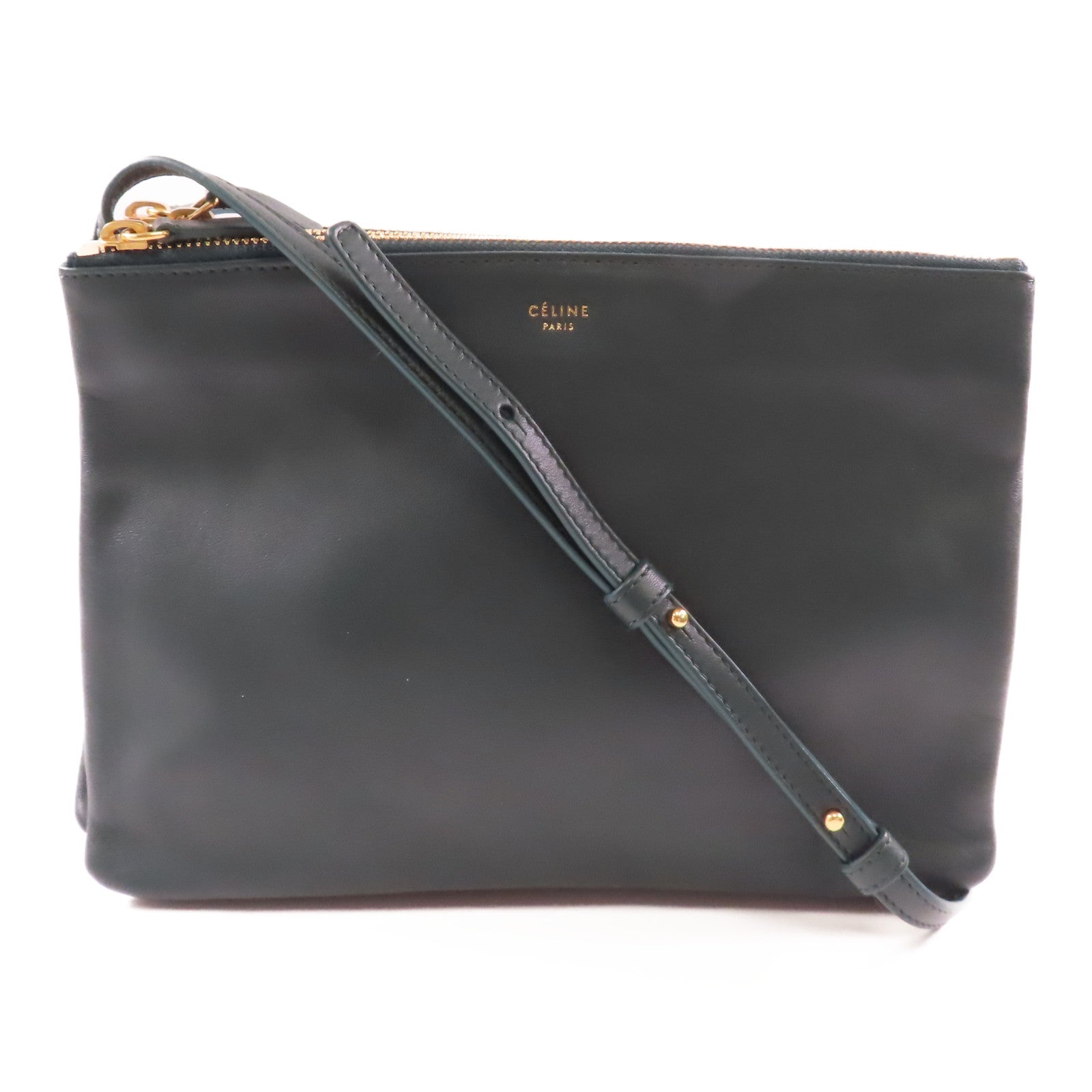 CELINE 羊皮皮革Trio金扣肩背袋綠色