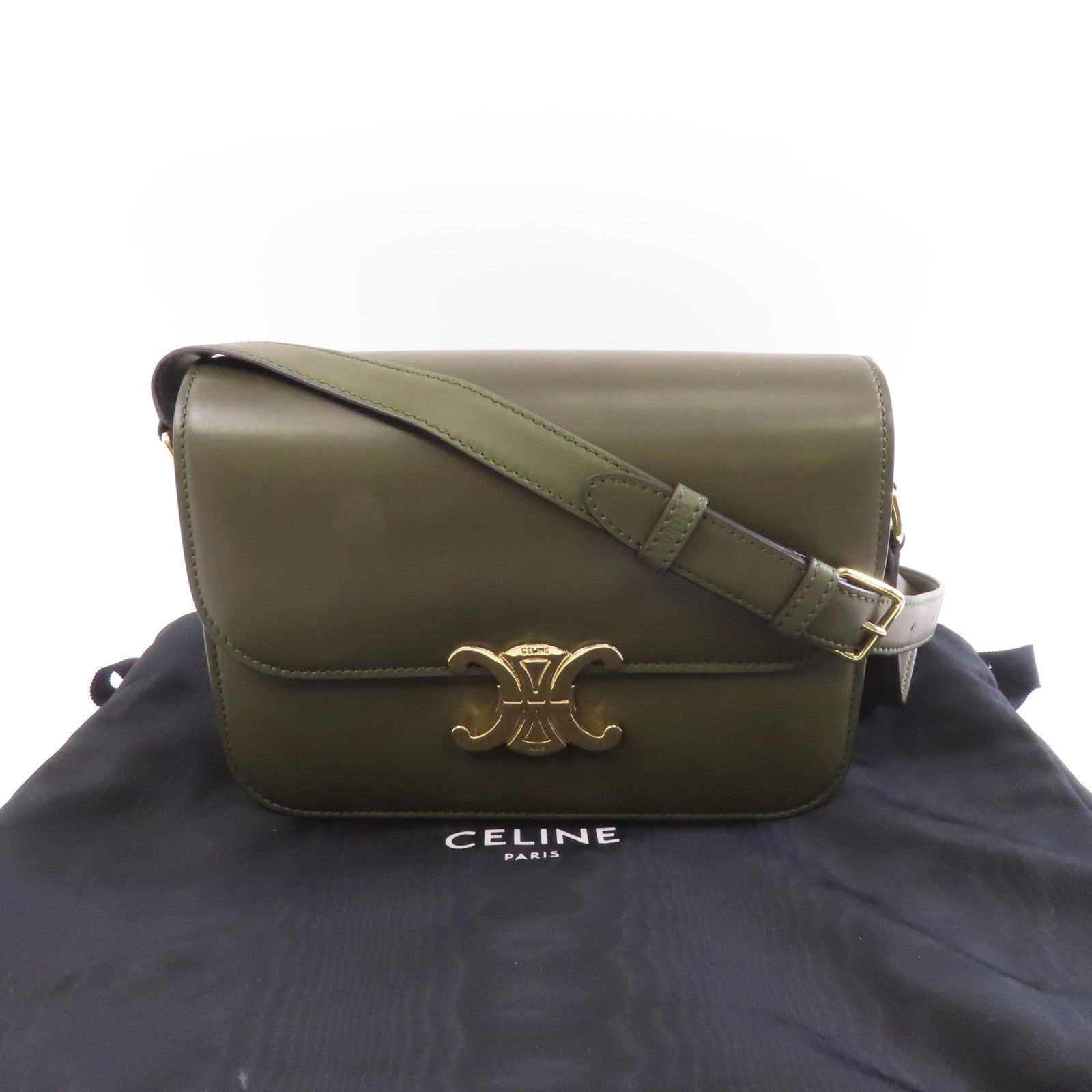 CELINE 牛皮皮革Tiromphe Medium金扣肩背袋綠色
