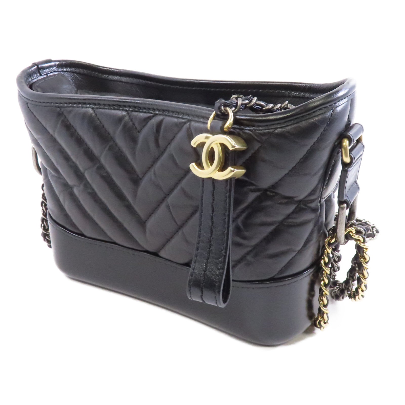 CHANEL 菱格牛皮皮革Gabrielle Small金扣/銀扣鏈帶肩背袋黑色