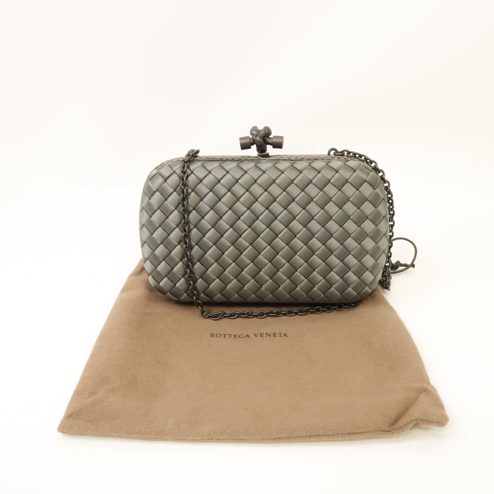 BOTTEGA VENETA 緞製/蛇皮皮革Chain Shoulder Clutch鏈帶肩背袋灰色