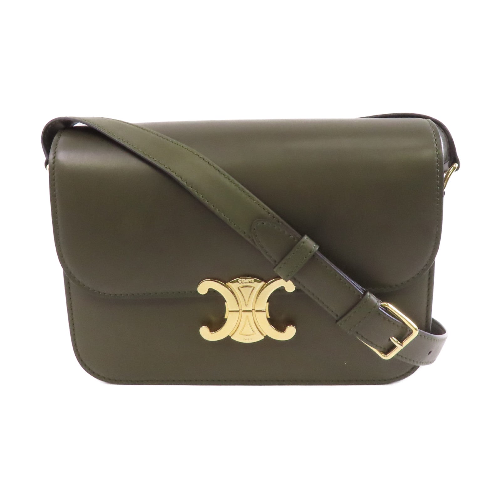 CELINE 牛皮皮革Tiromphe Medium金扣肩背袋綠色