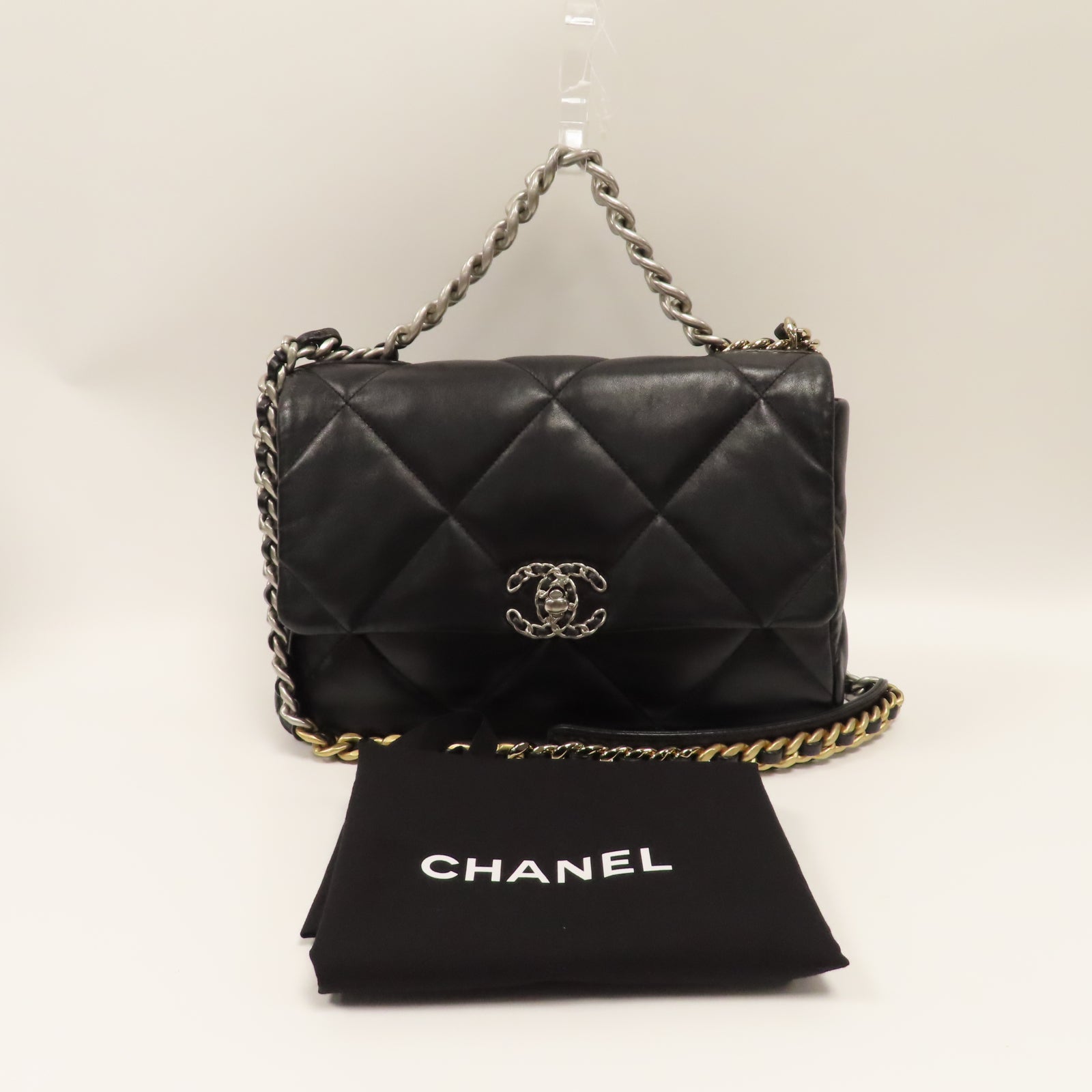 CHANEL 【激減優惠】菱格羊皮皮革C19 Large銀扣/金扣鏈帶肩背袋黑色