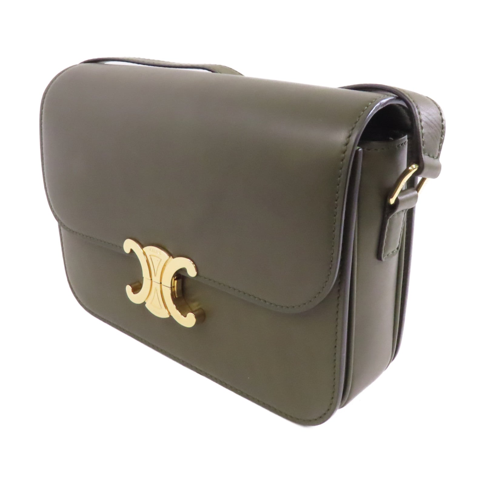 CELINE 牛皮皮革Tiromphe Medium金扣肩背袋綠色