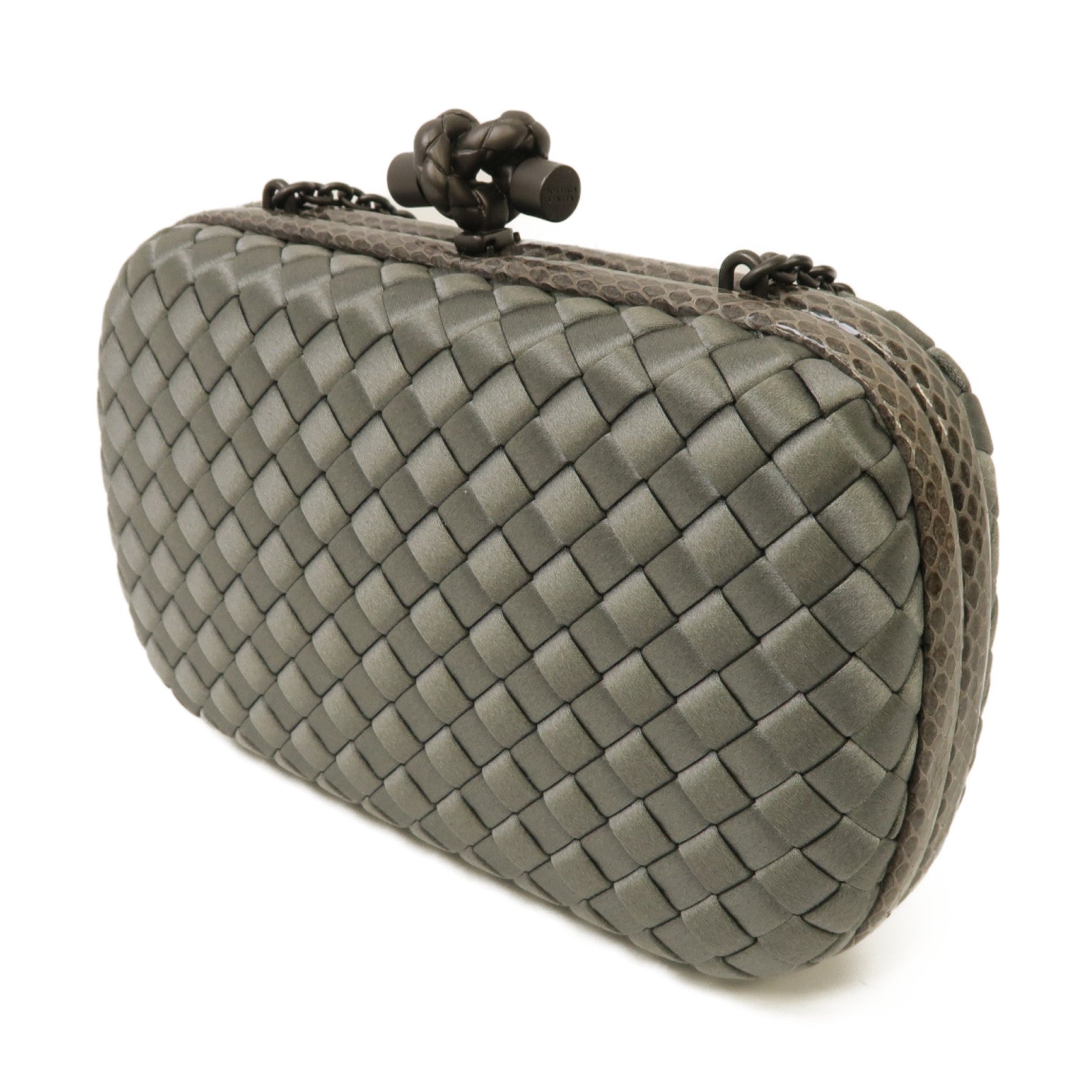 BOTTEGA VENETA 緞製/蛇皮皮革Chain Shoulder Clutch鏈帶肩背袋灰色