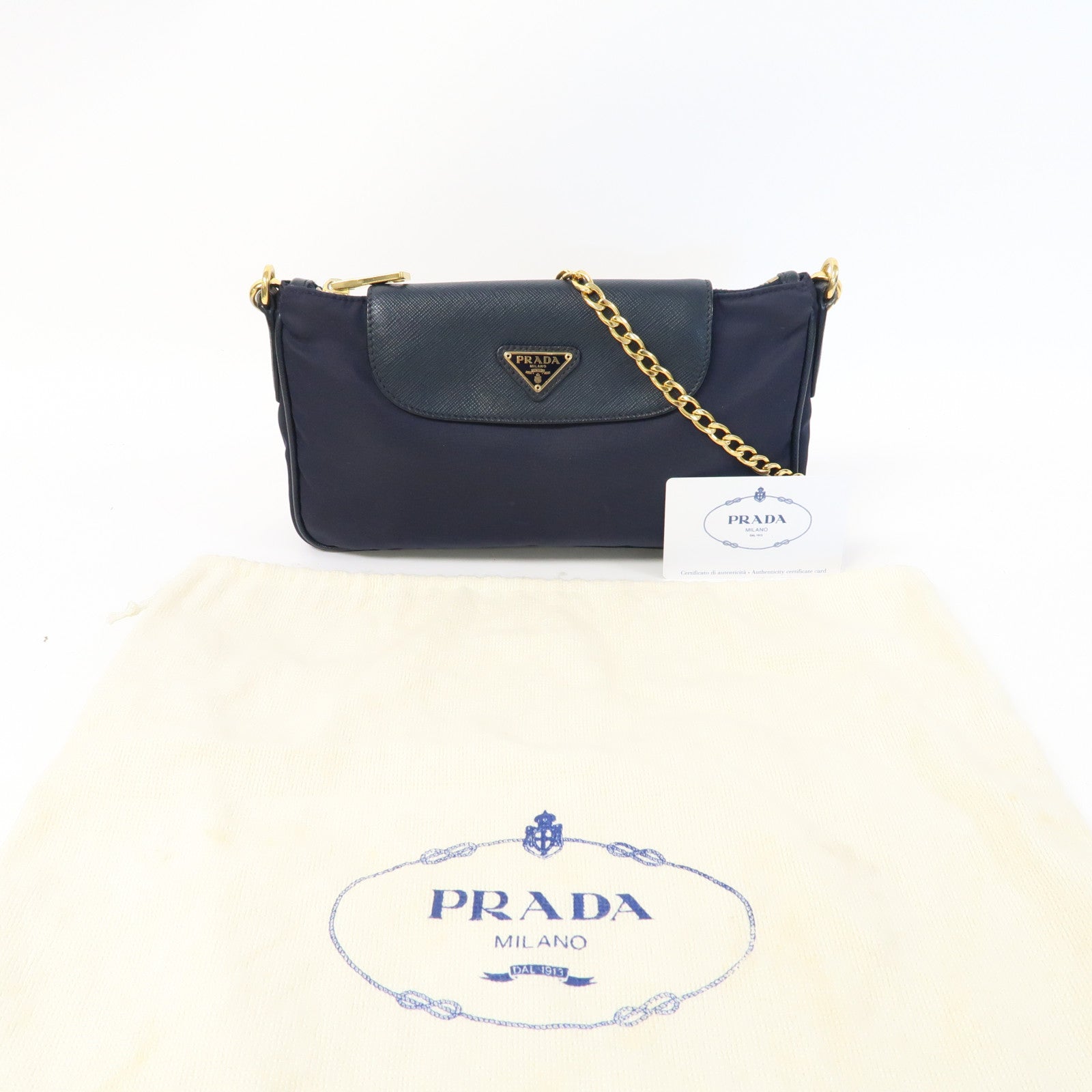 PRADA 尼龍Chain Shoulder Bag金扣鏈帶肩背袋深藍色