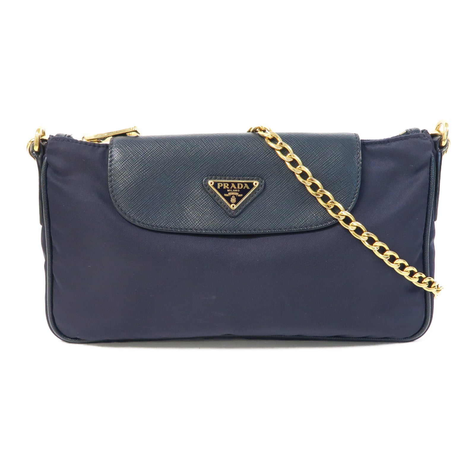 PRADA 尼龍Chain Shoulder Bag金扣鏈帶肩背袋深藍色