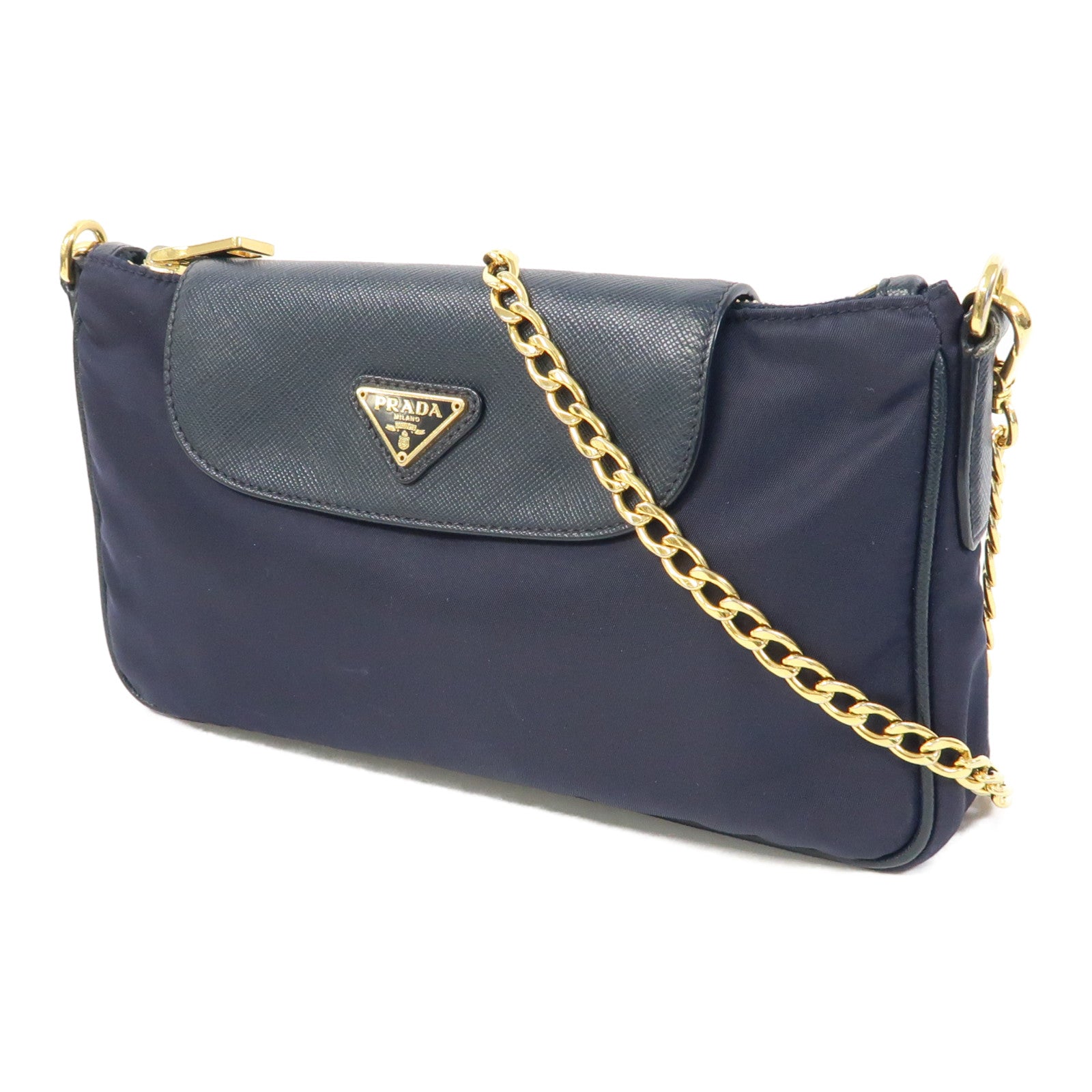 PRADA 尼龍Chain Shoulder Bag金扣鏈帶肩背袋深藍色