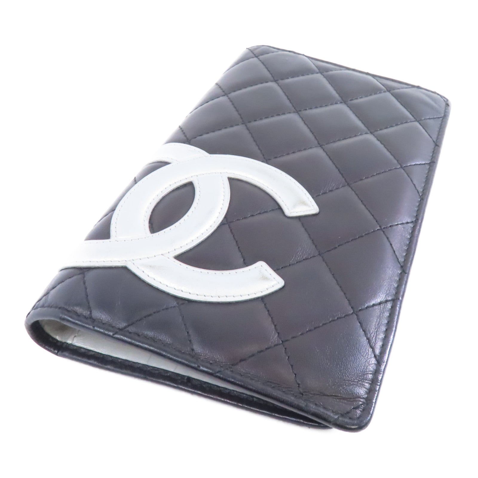 CHANEL 菱格牛皮皮革Cambon Long Wallet銀扣長錢包黑色/銀色