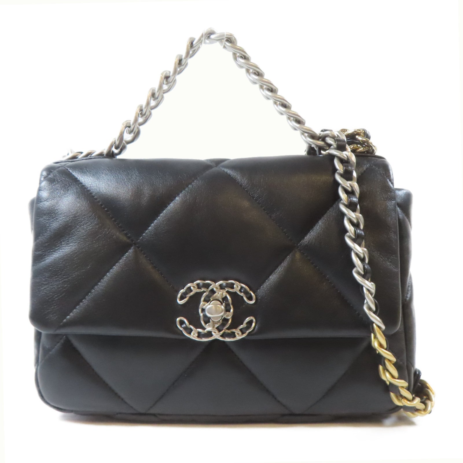 CHANEL 菱格羊皮皮革C19 Small金扣銀扣手挽肩背兩用袋黑色