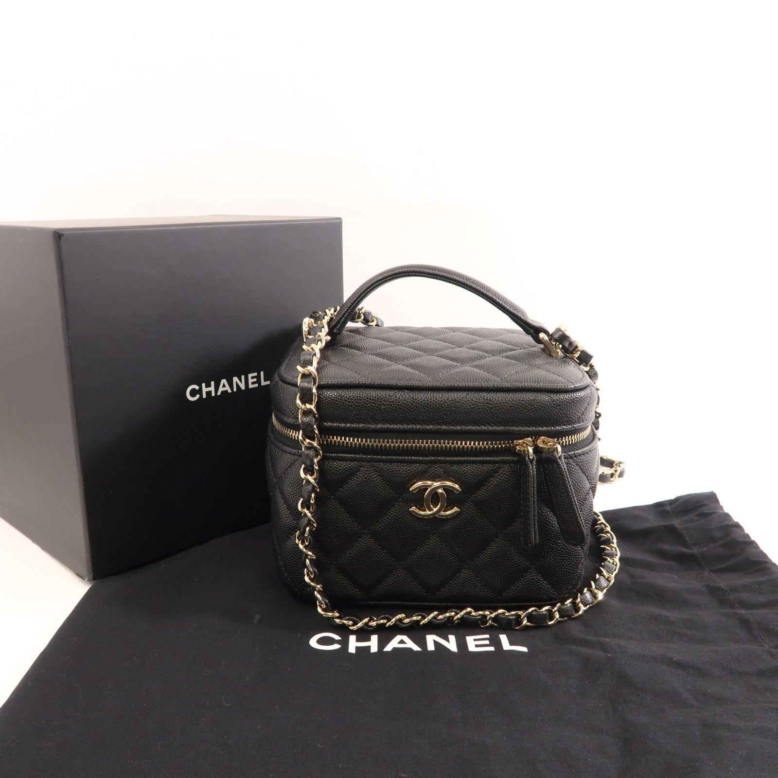 CHANEL Quilted CC GHW Vanity Case 2way Chain Shoulder Bag Calfskin Leather Black