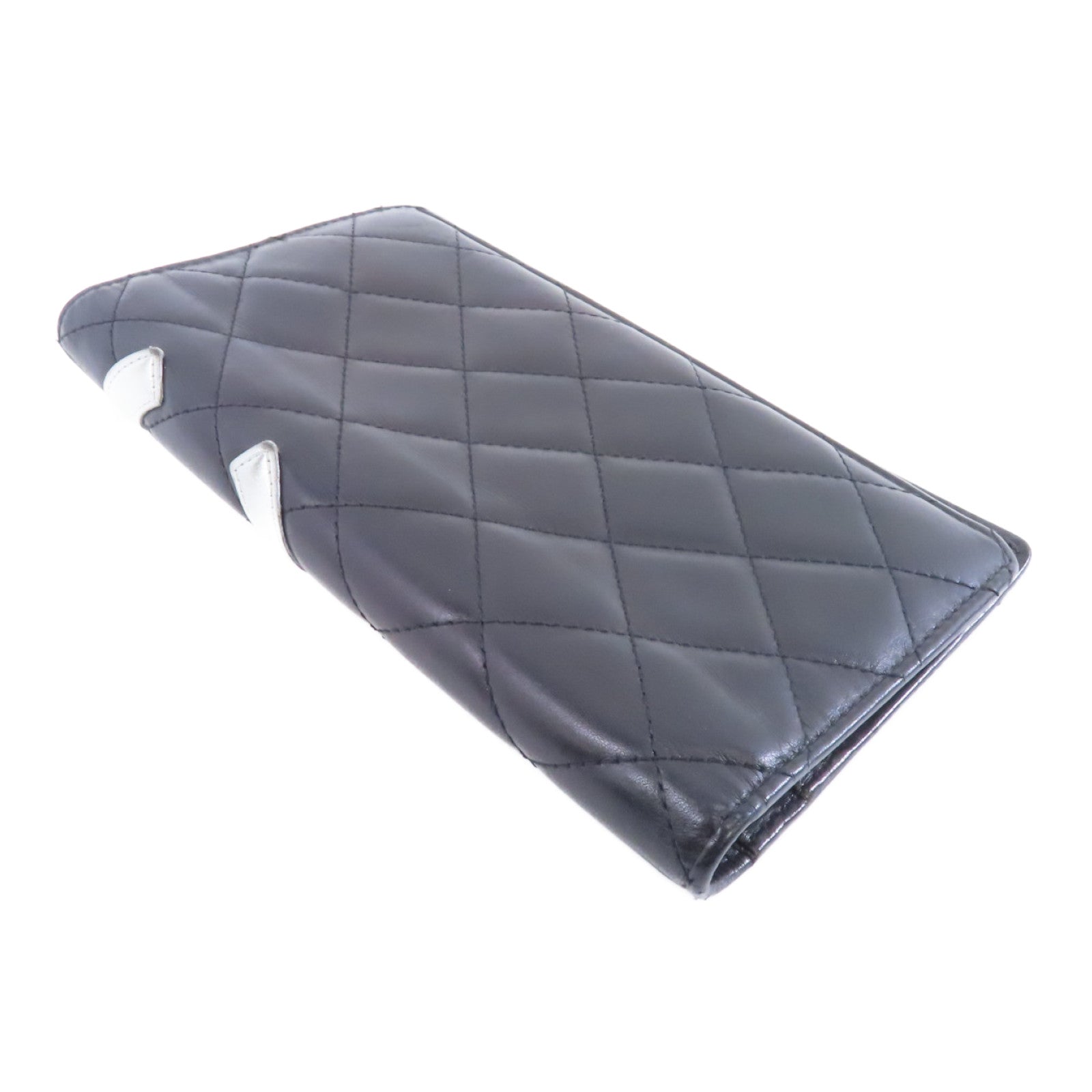 CHANEL 菱格牛皮皮革Cambon Long Wallet銀扣長錢包黑色/銀色