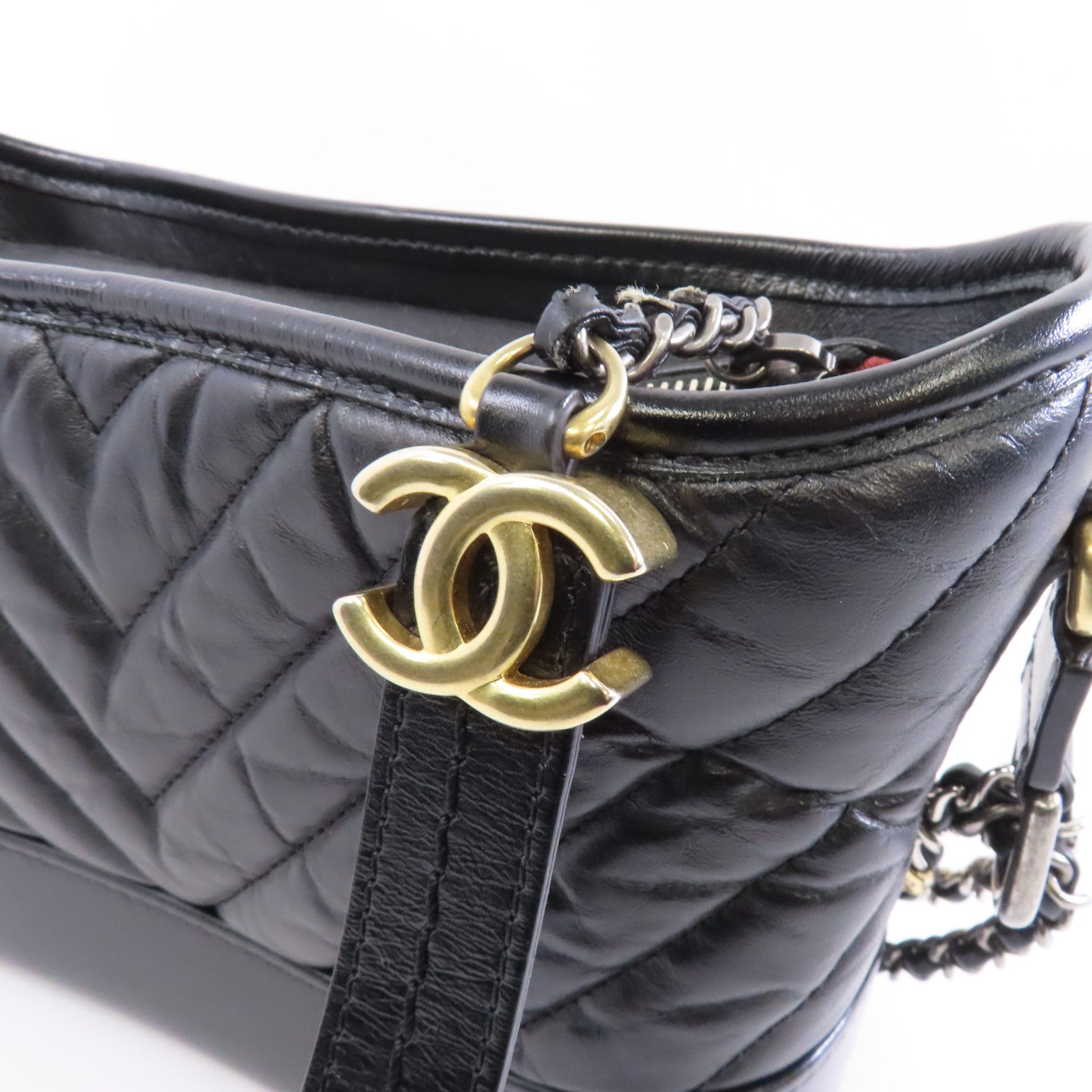 CHANEL 菱格牛皮皮革Gabrielle Small金扣/銀扣鏈帶肩背袋黑色