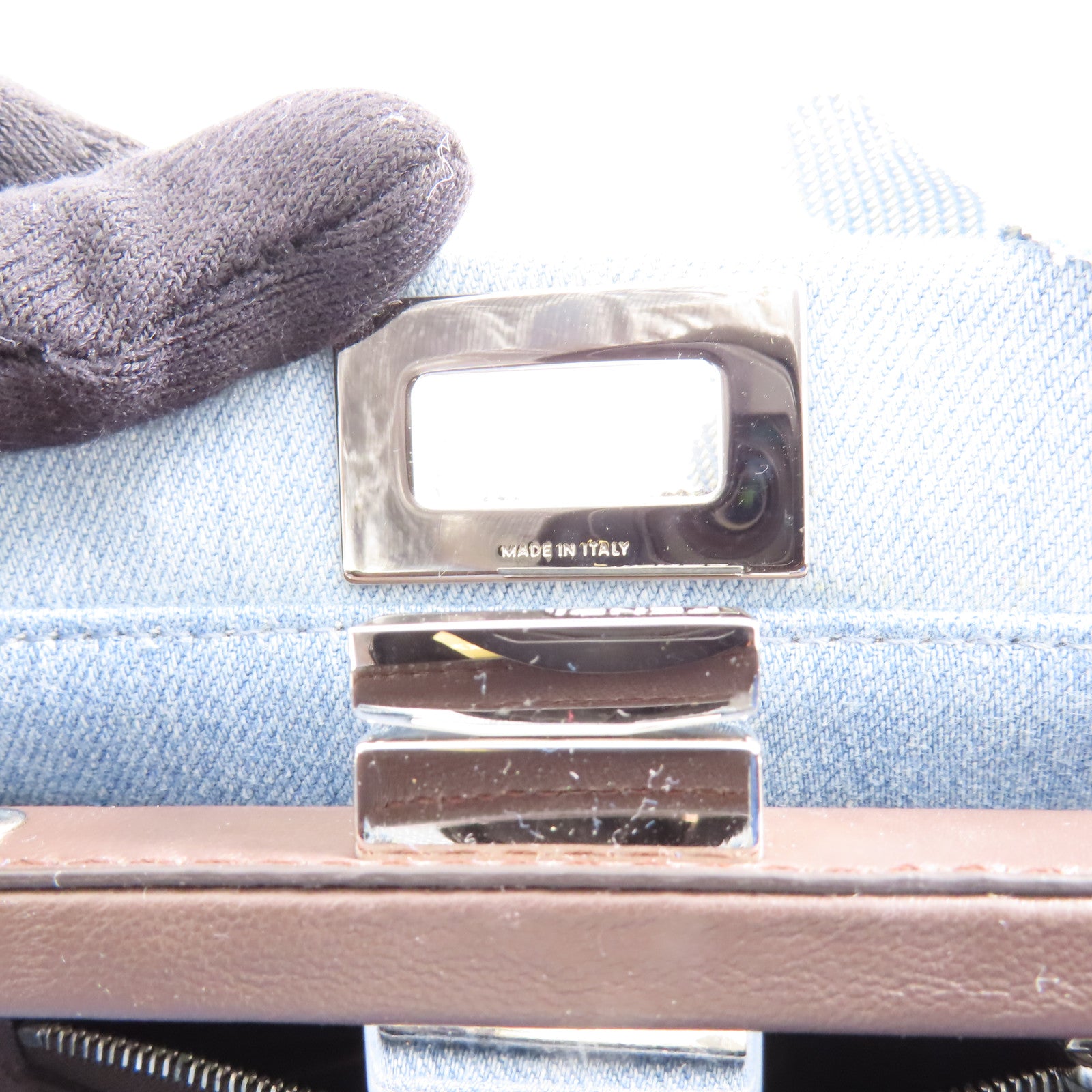 FENDI 牛仔布Peekaboo Mini銀扣手挽肩背兩用袋