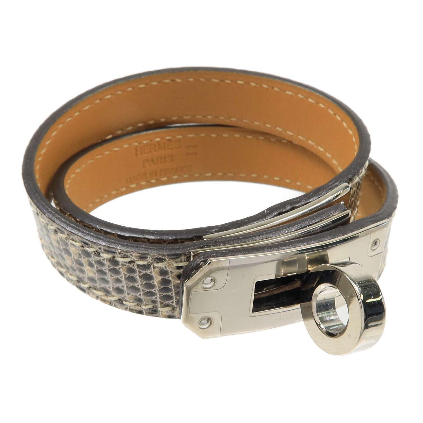 HERMES 蜥蝪皮革Kelly Double Tour Bracelet銀扣手鏈