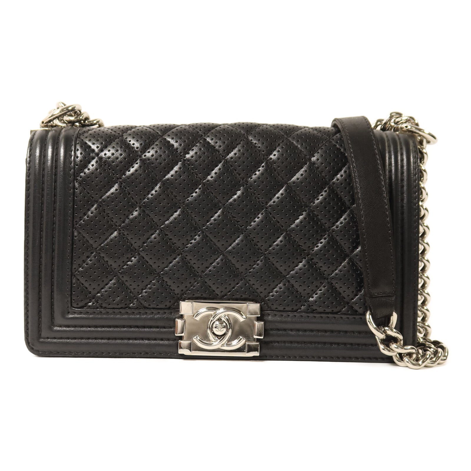 CHANEL 羊皮皮革Boy 25銀扣鏈帶肩背袋