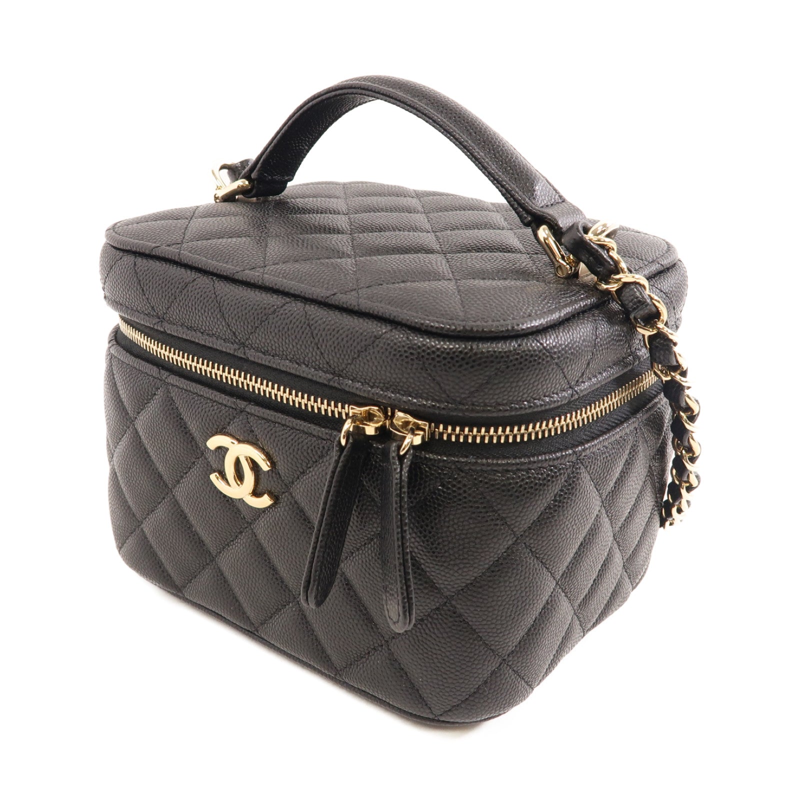CHANEL Quilted CC GHW Vanity Case 2way Chain Shoulder Bag Calfskin Leather Black