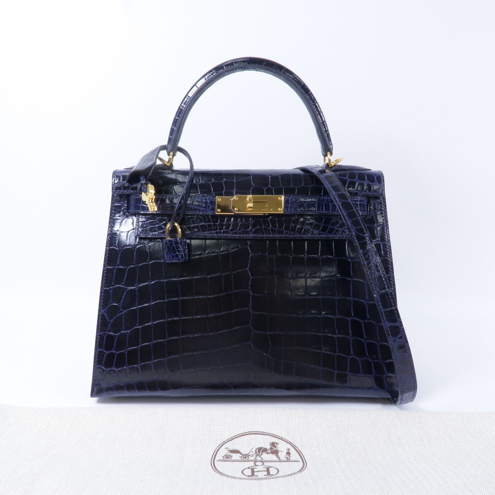 HERMES 鱷魚皮革Kelly 28手挽肩背兩用袋Bleu Saphir