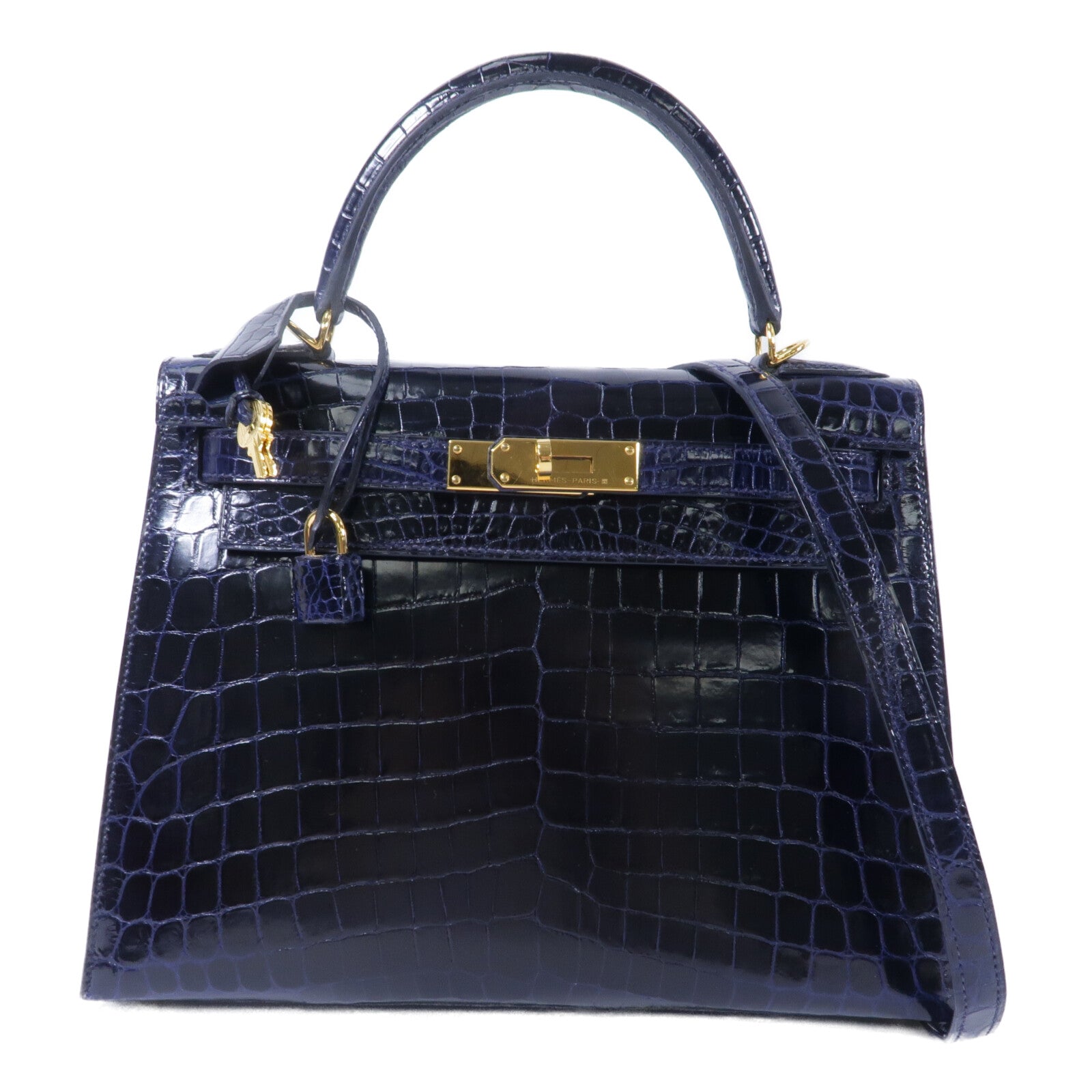 HERMES 鱷魚皮革Kelly 28手挽肩背兩用袋Bleu Saphir