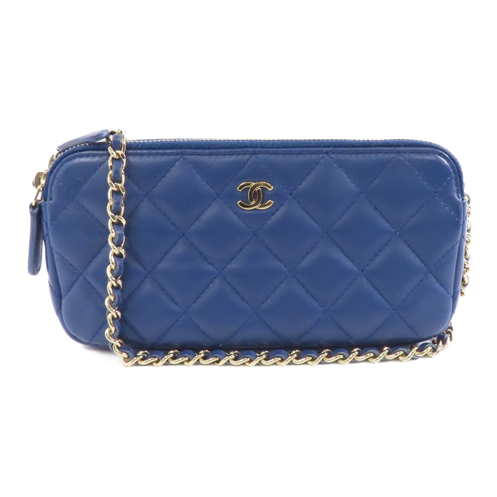 CHANEL 【激減優惠】菱格皮革Wallet On Chain金扣鏈帶肩背袋藍色