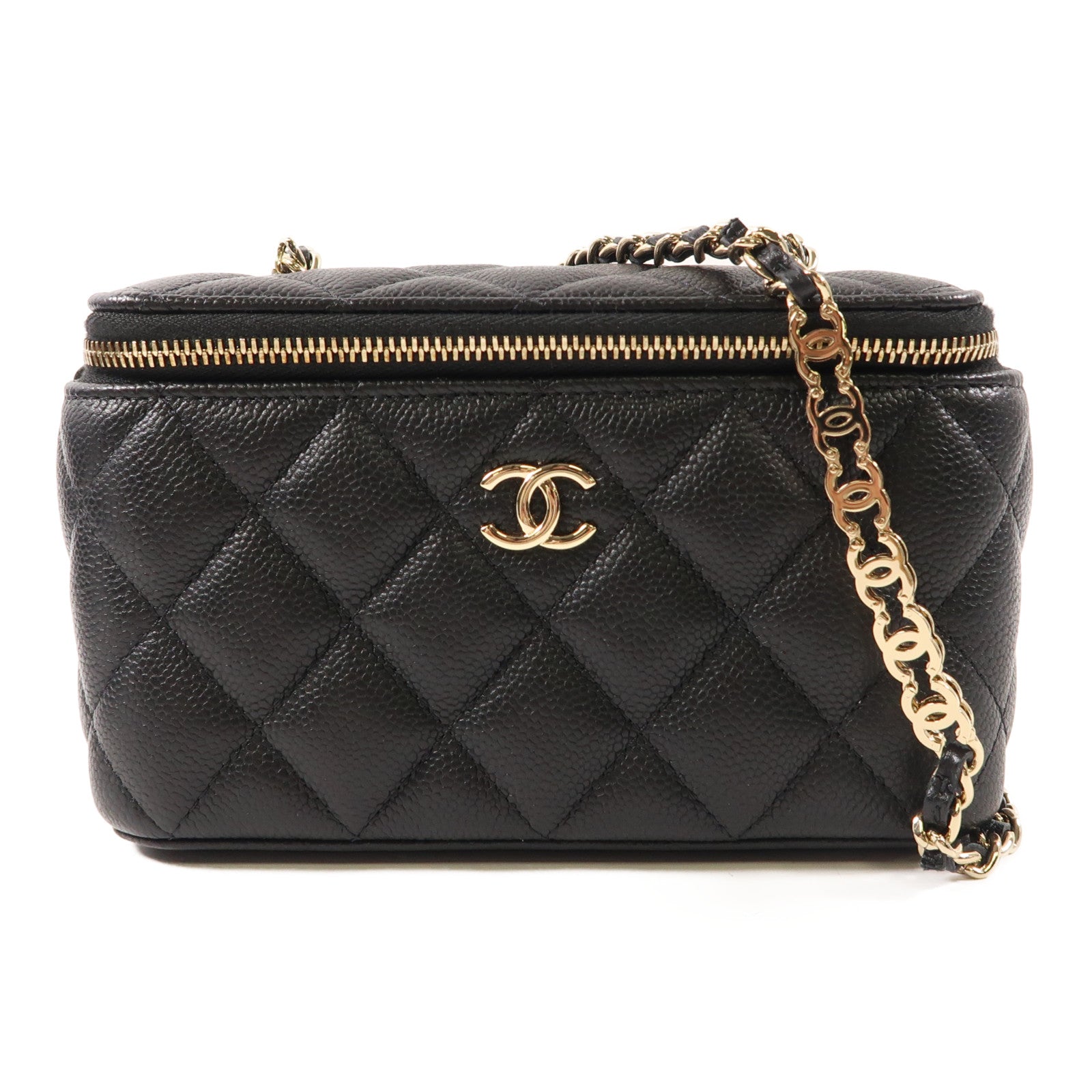 CHANEL 牛皮皮革Vanity Case金扣鏈帶肩背袋黑色
