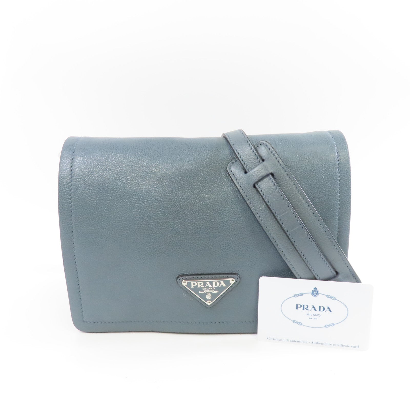 PRADA 牛皮皮革Shoulder Bag銀扣肩背袋藍色