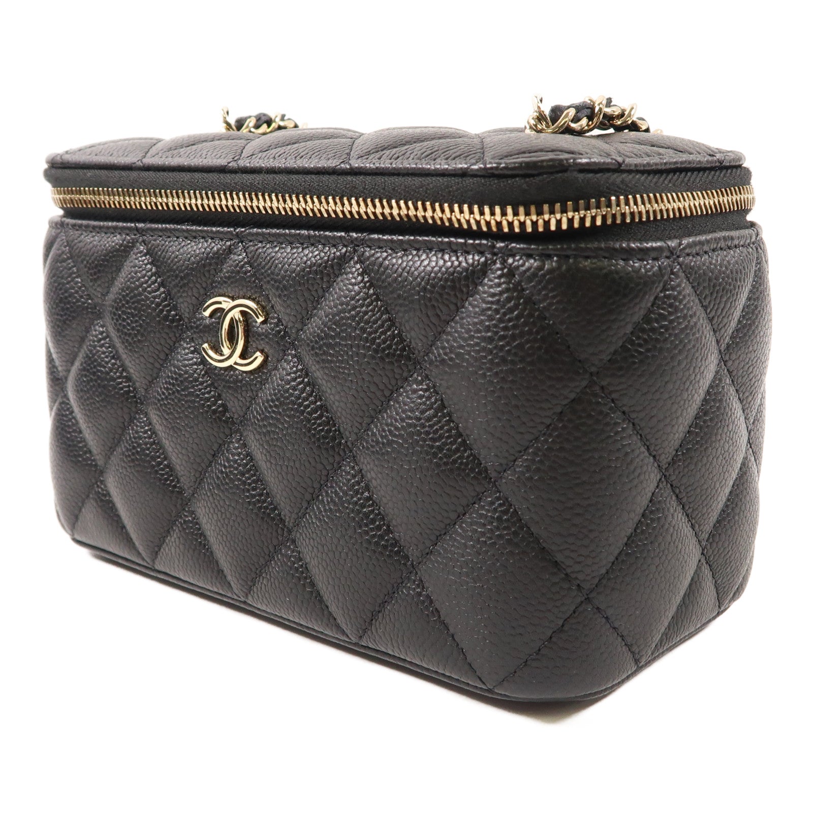 CHANEL 牛皮皮革Vanity Case金扣鏈帶肩背袋黑色