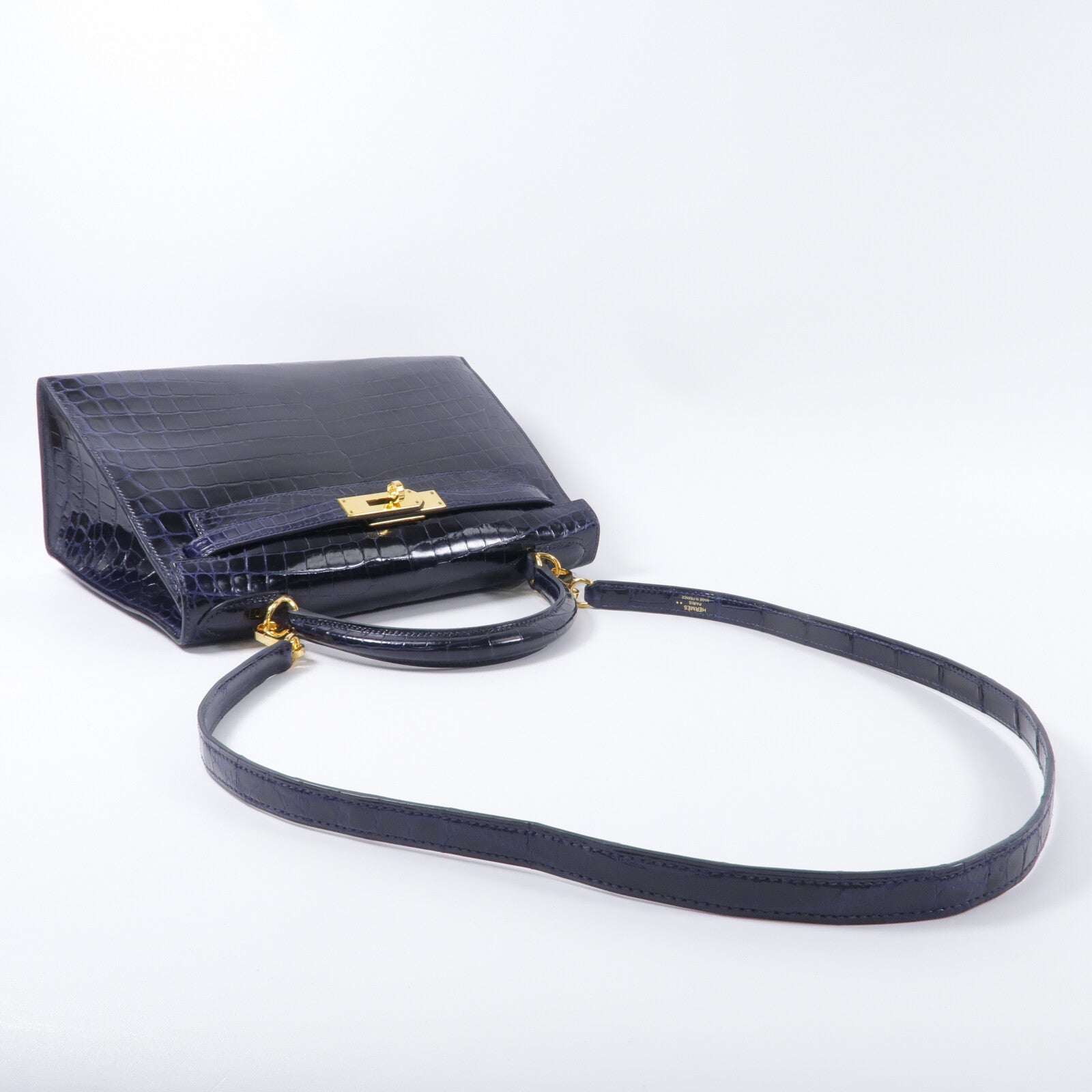 HERMES 鱷魚皮革Kelly 28手挽肩背兩用袋Bleu Saphir