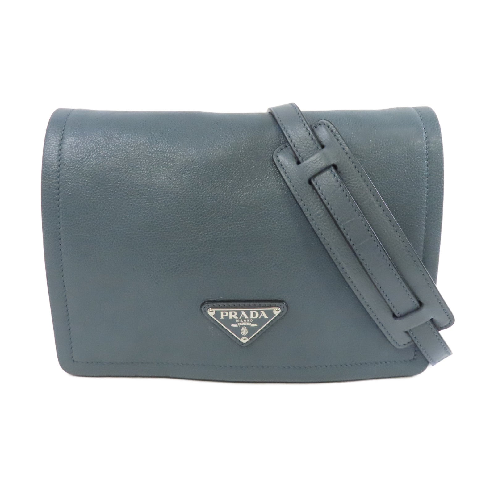 PRADA 牛皮皮革Shoulder Bag銀扣肩背袋藍色