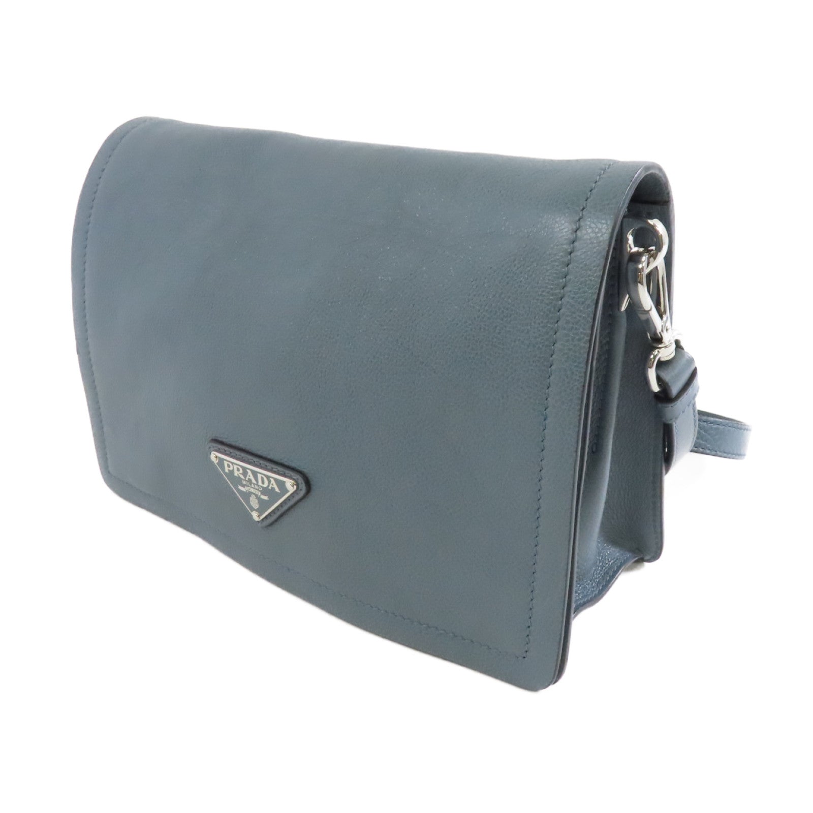 PRADA 牛皮皮革Shoulder Bag銀扣肩背袋藍色